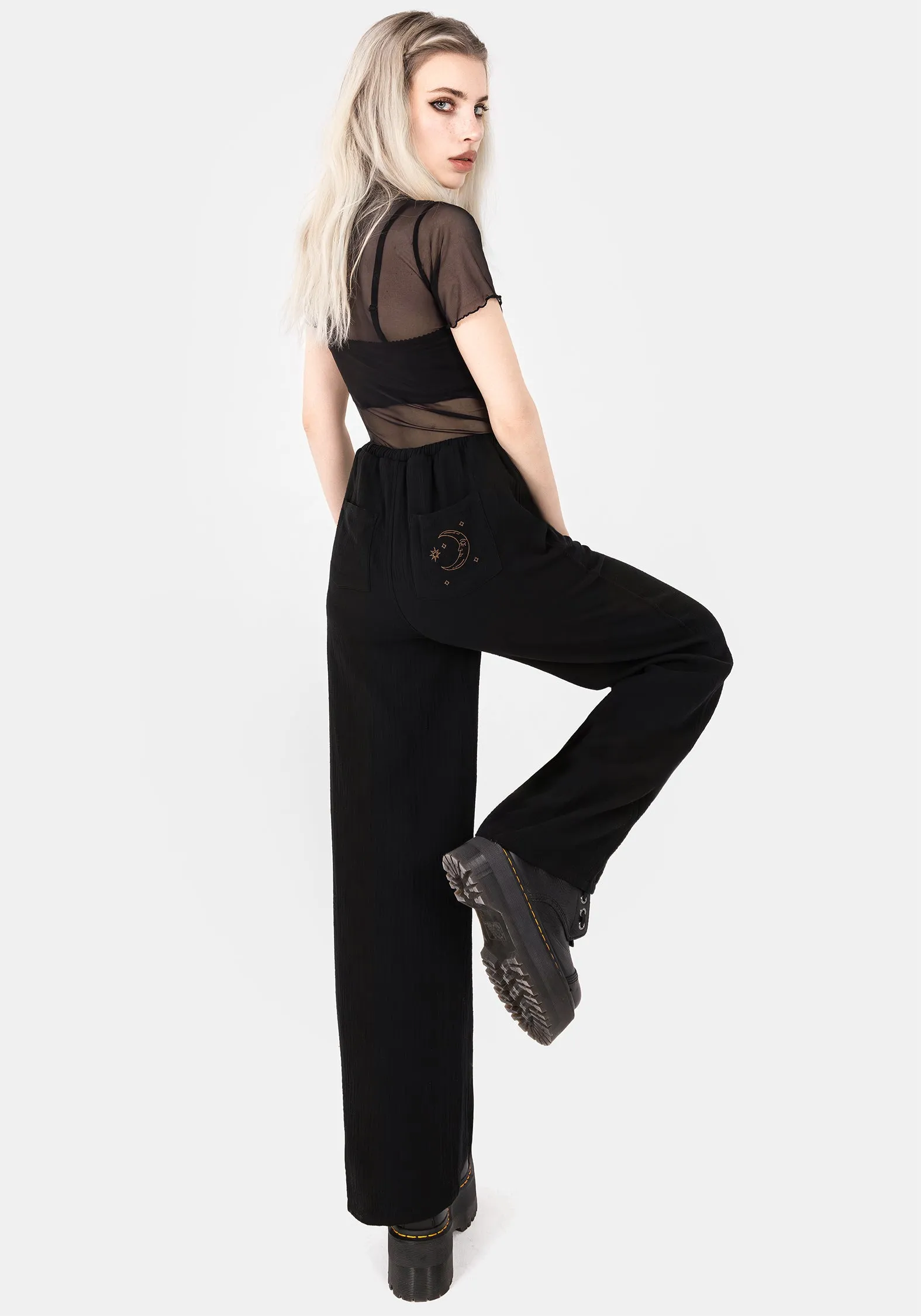 Relaxed Waist Ventilated Mesh Lining Cosmos Embroidered Wide Leg Trousers