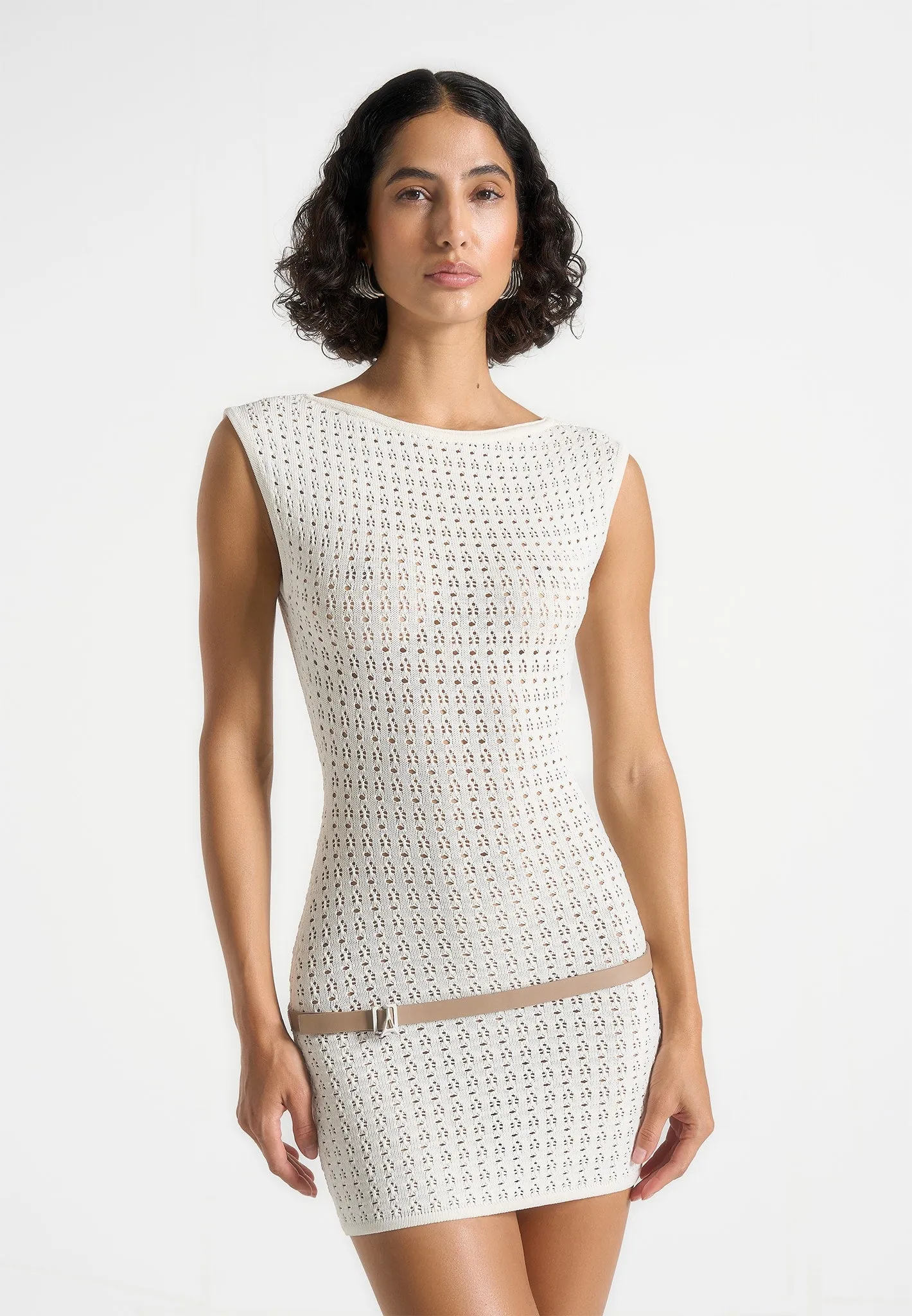 Keyla - Pointelle Mini Dress With Belt - Cream Lace-Sleeve