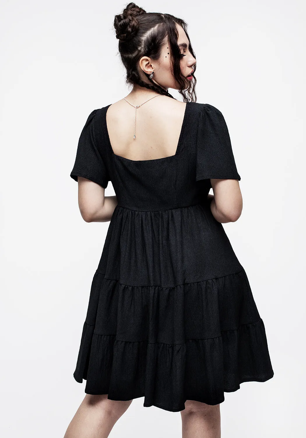 Revenge Tiered Crinkle Mini Dress Feminine Mood Garden Scene