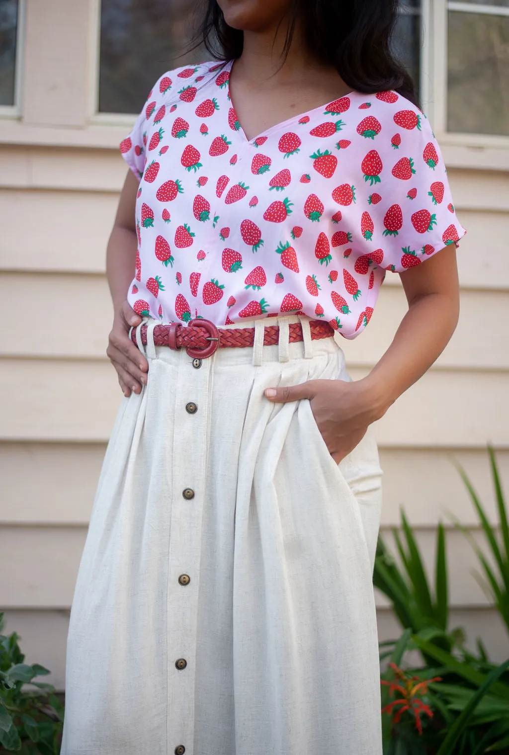 Dolman Top in Strawberry Cotton Multi Panel Construction