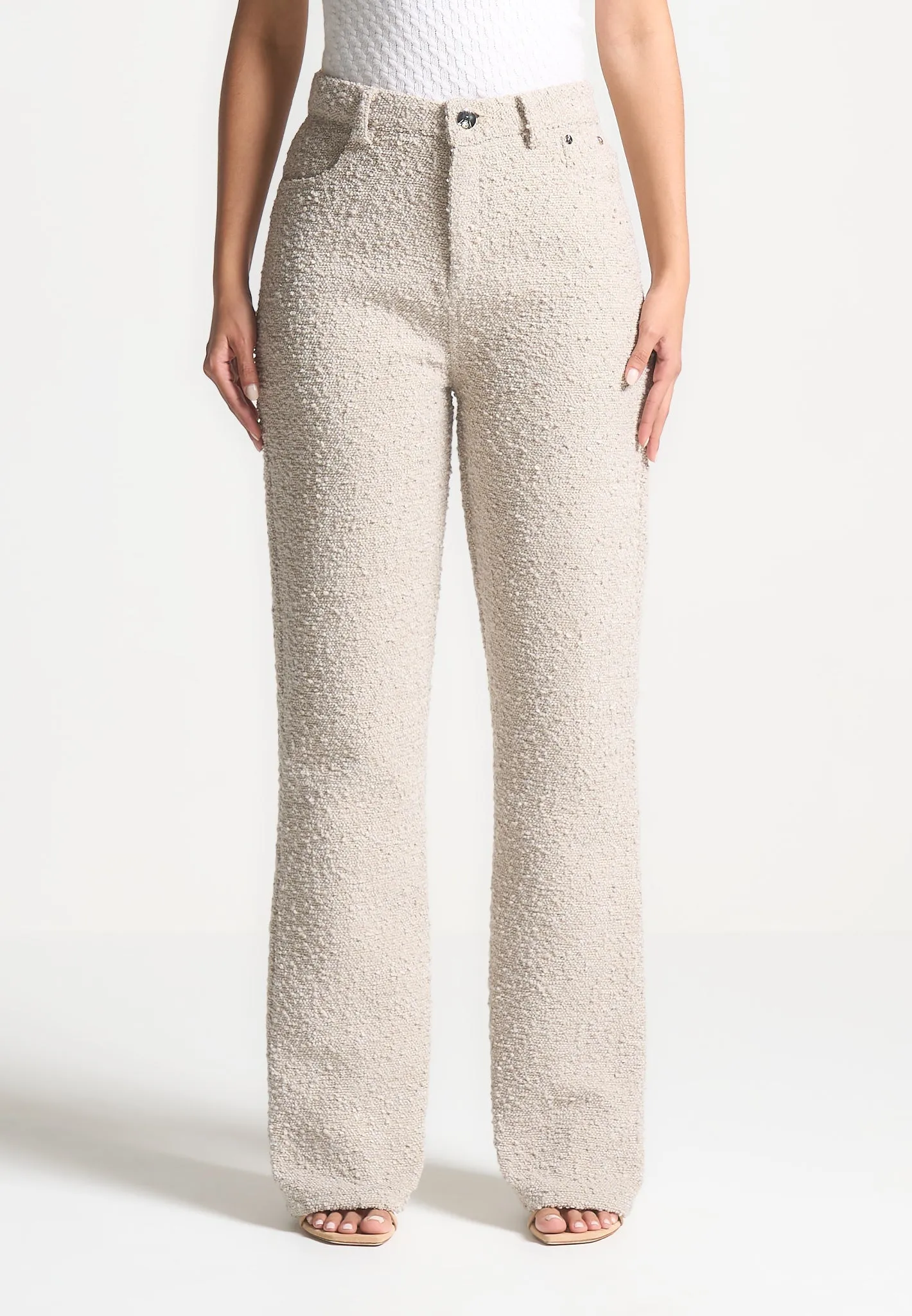 Slim Sunny Vibes Festival Outfit Professional Wear Premium Winter Warmth Sara - Boucle Straight Leg Jeans - Beige