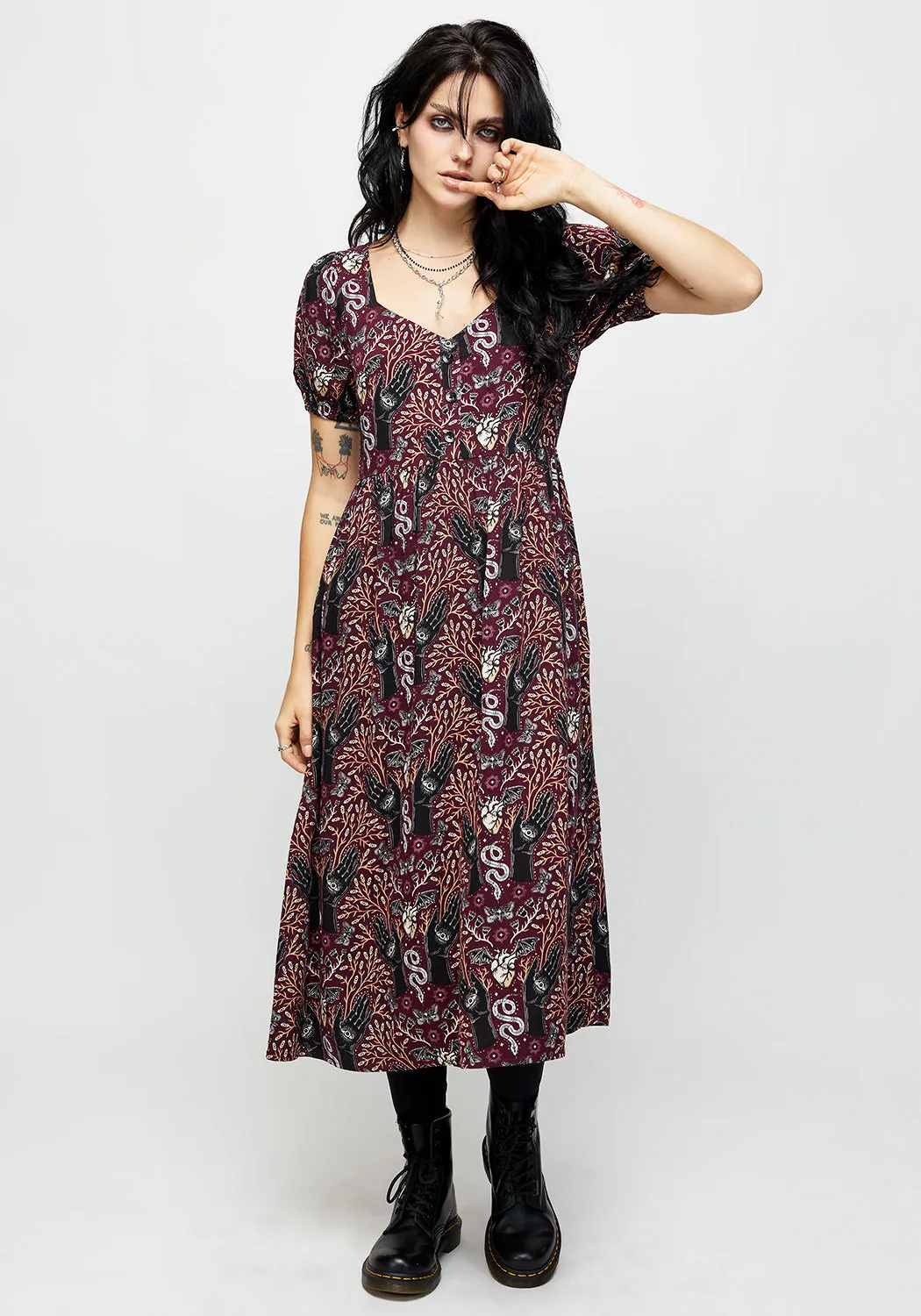 Hemlock Button Detail Puff Sleeve Midi Dress Gender Free museum visit