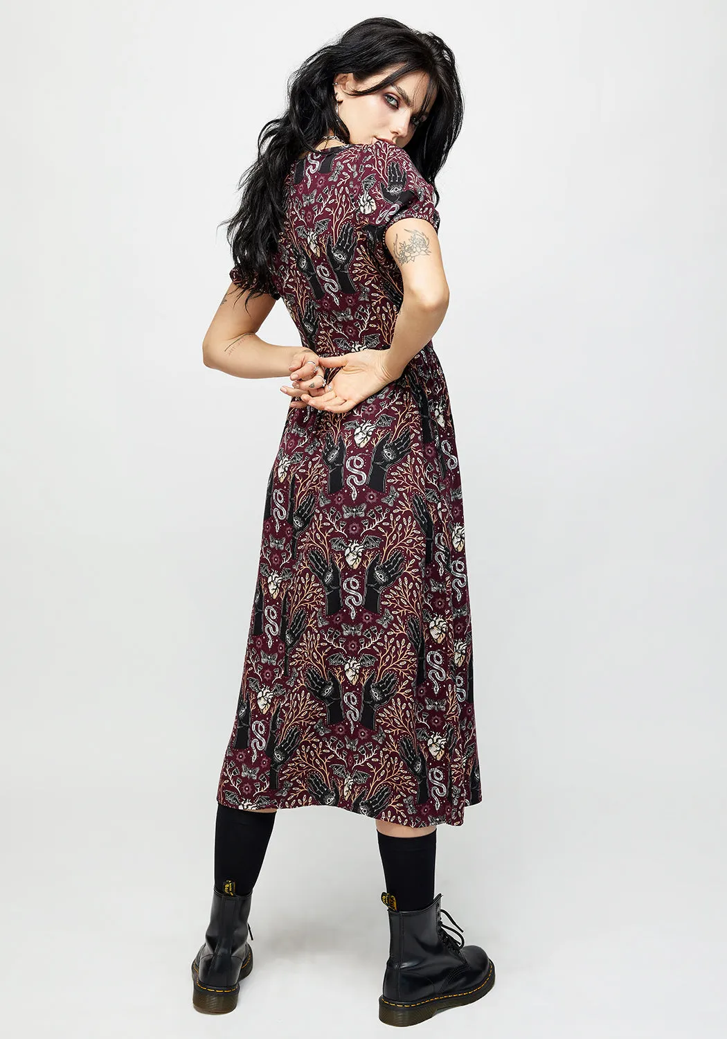 Skin Hug Hemlock Button Detail Puff Sleeve Midi Dress