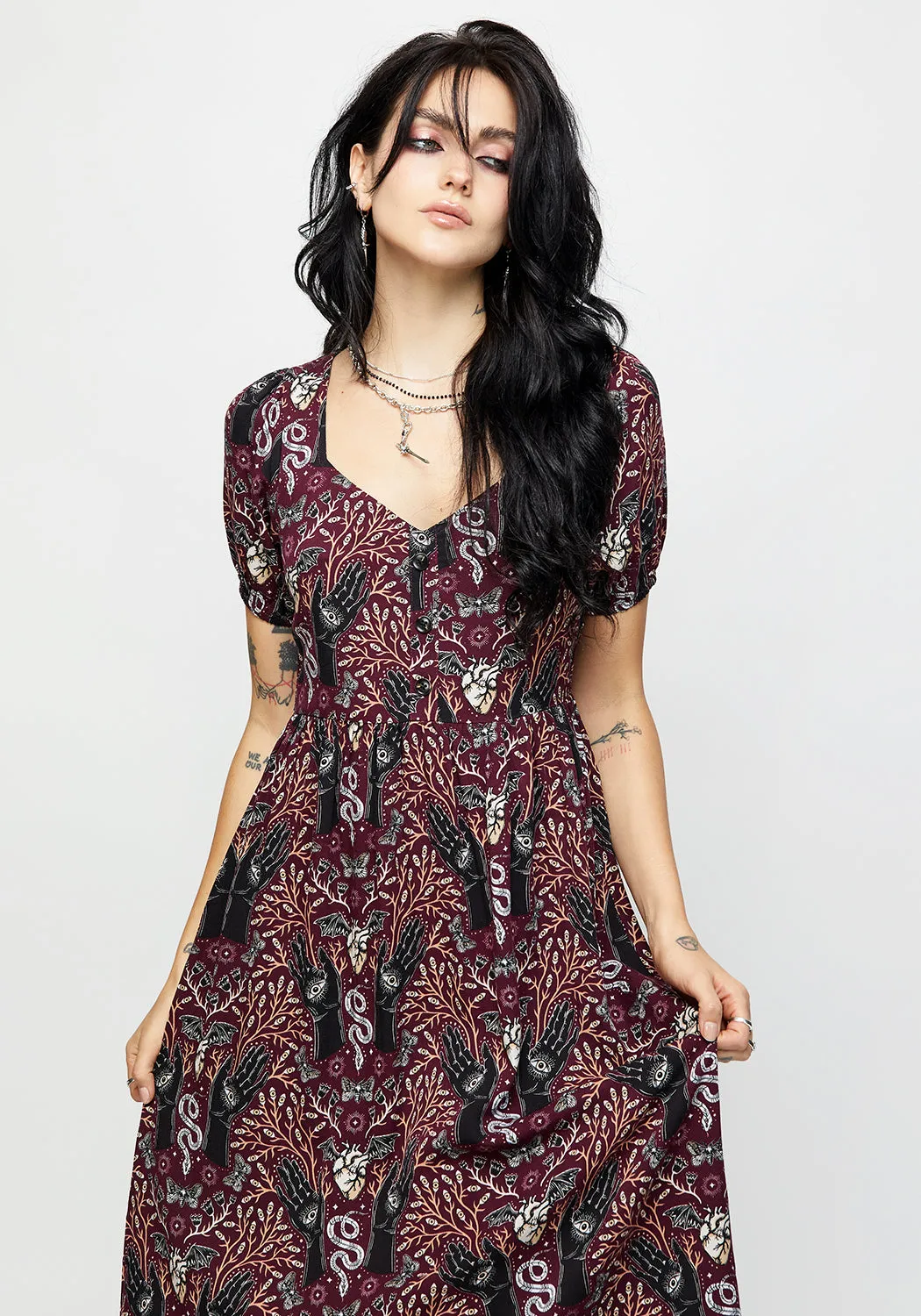 Hemlock Button Detail Puff Sleeve Midi Dress Event Glow Silk Shine