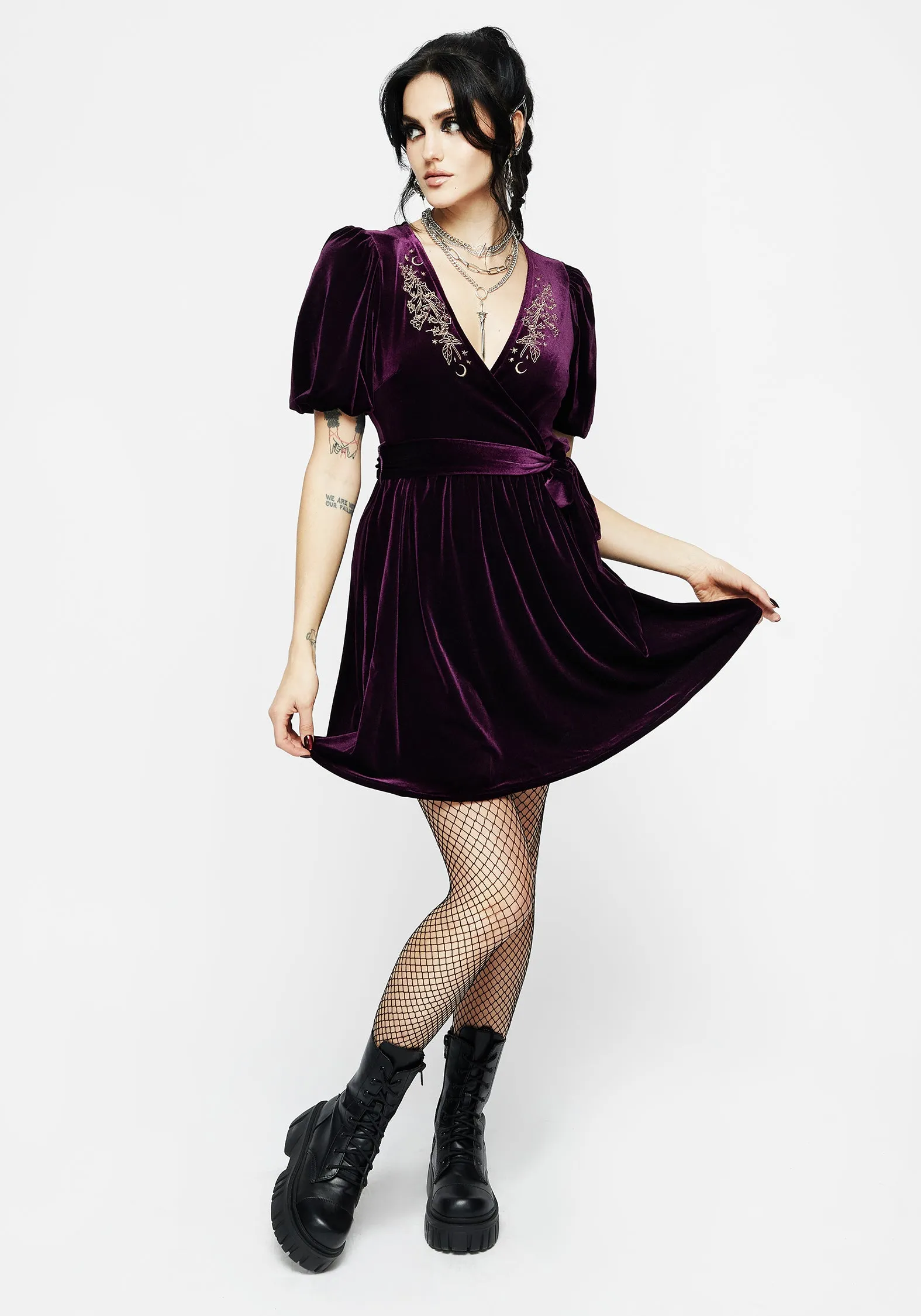 Side-Pocket Hera Embroidered Mini Wrap Dress