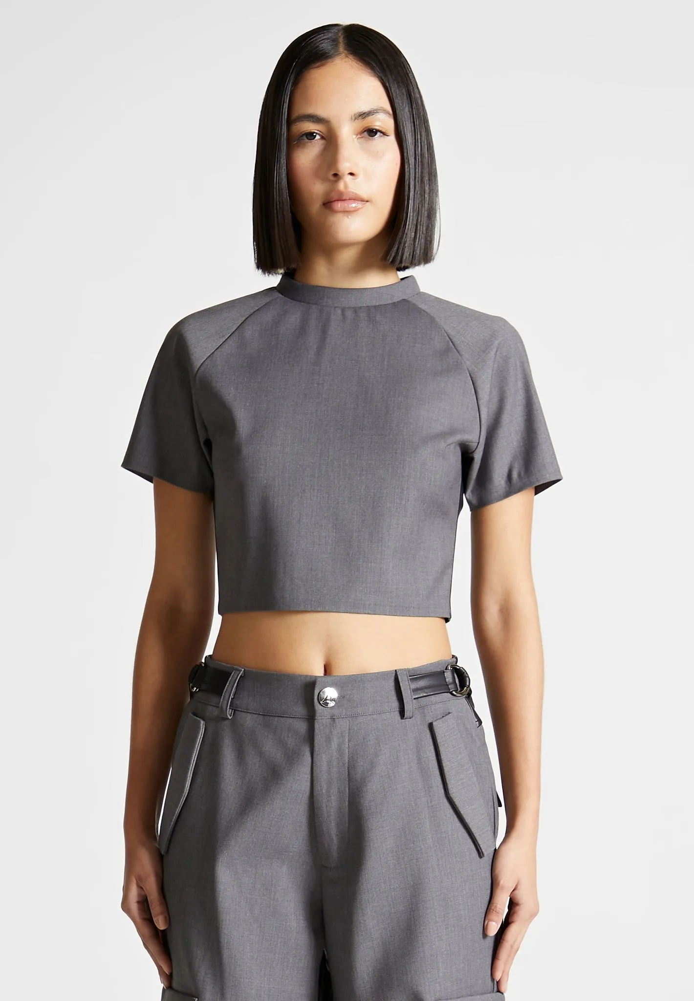 Urban Fashion Comfortable and Chic Tailored Mock Neck Top - Grey/Black
