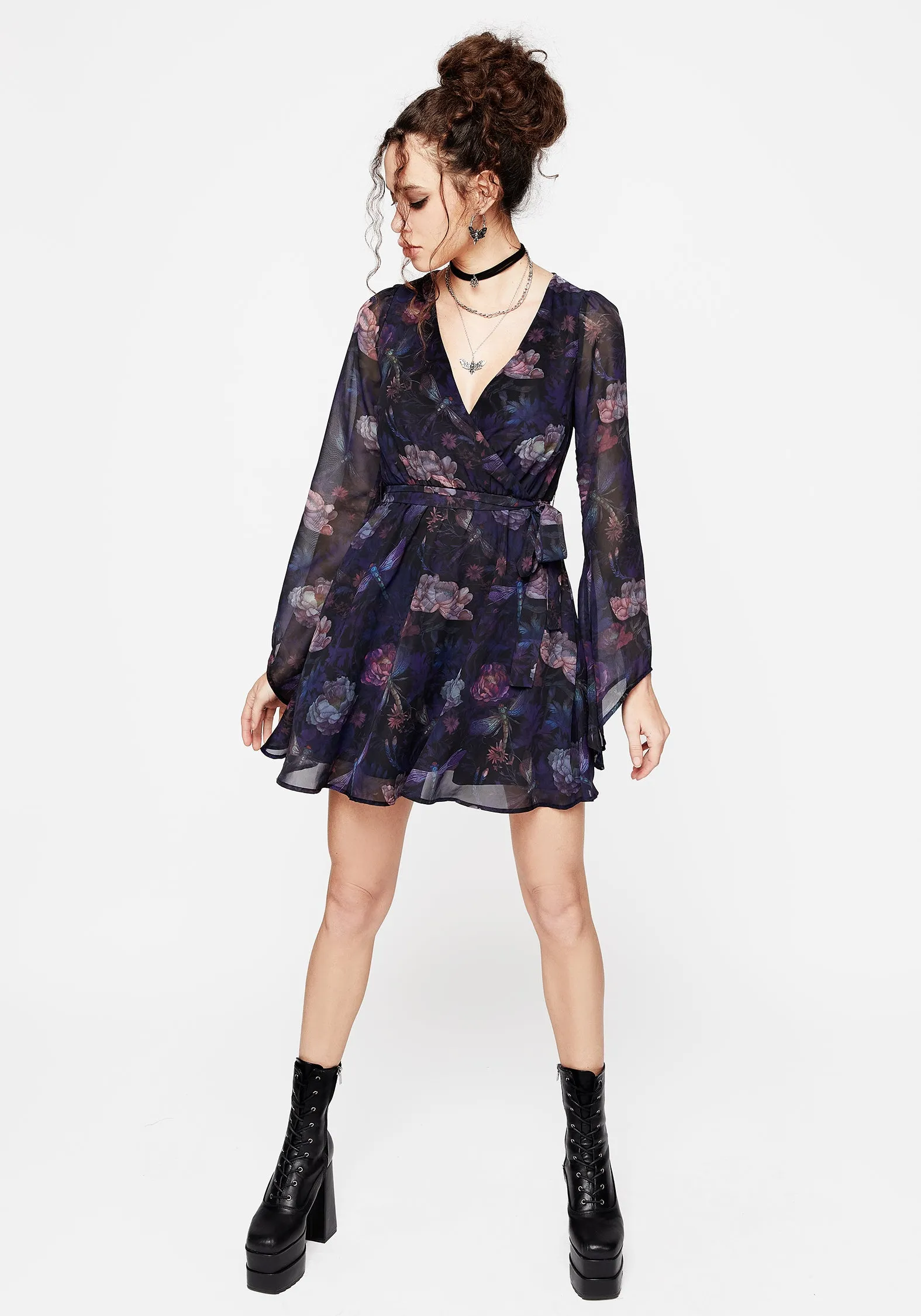 Front Ruffle Drapey Fabric Dragonfly Floral Print Flute Sleeve Chiffon Mini Dress