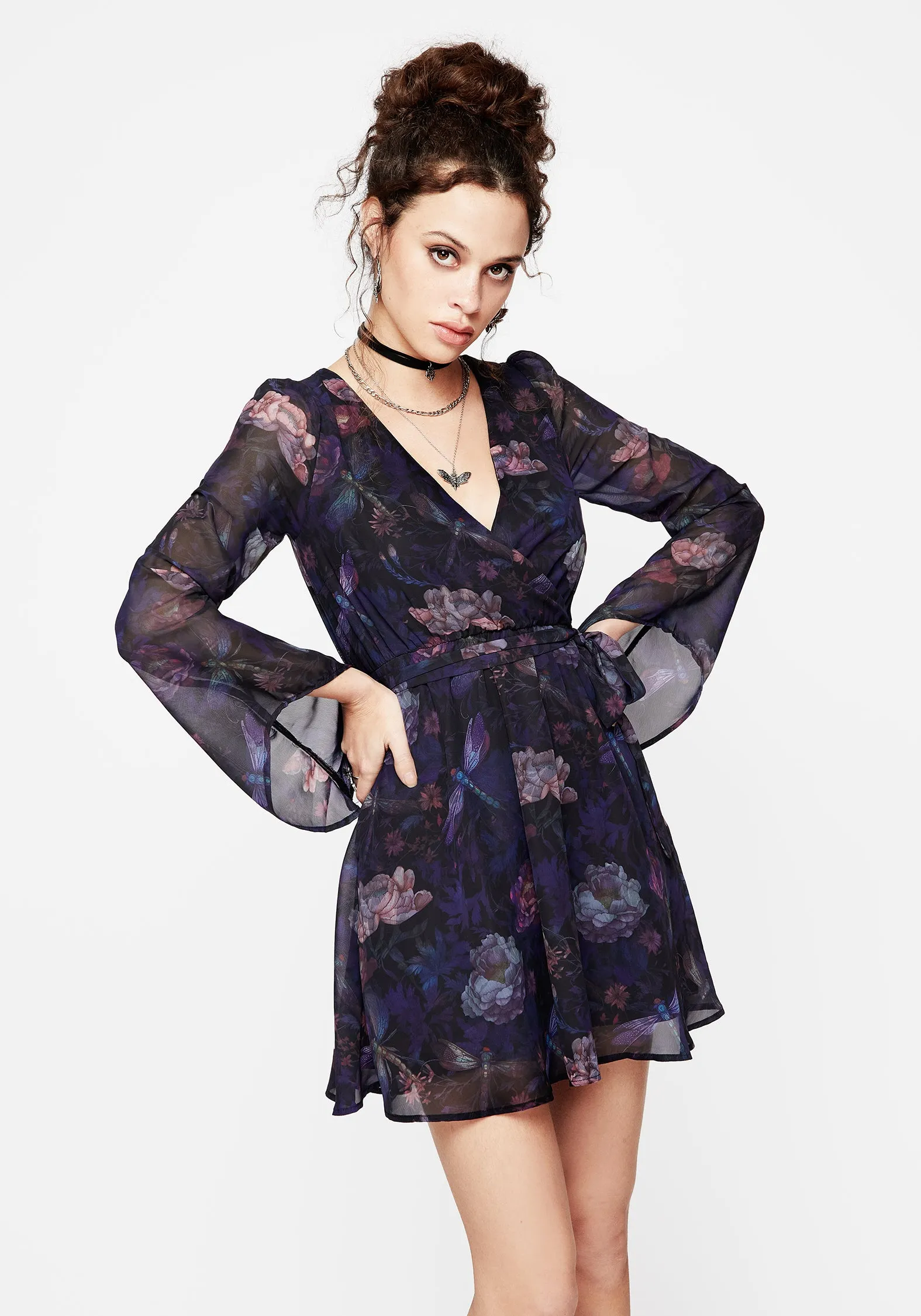 Work Fit Dragonfly Floral Print Flute Sleeve Chiffon Mini Dress