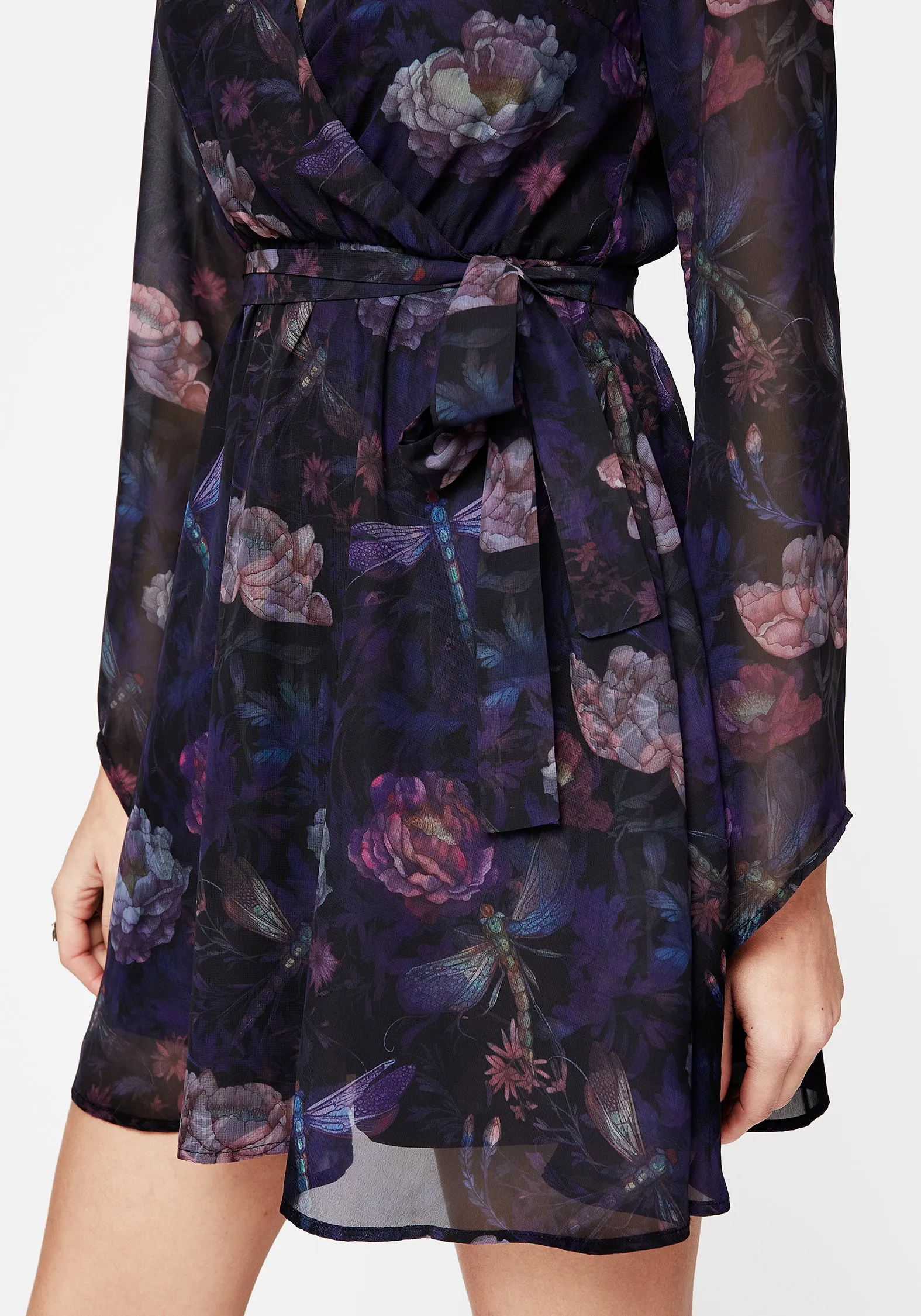 Dragonfly Floral Print Flute Sleeve Chiffon Mini Dress Soft Stitch