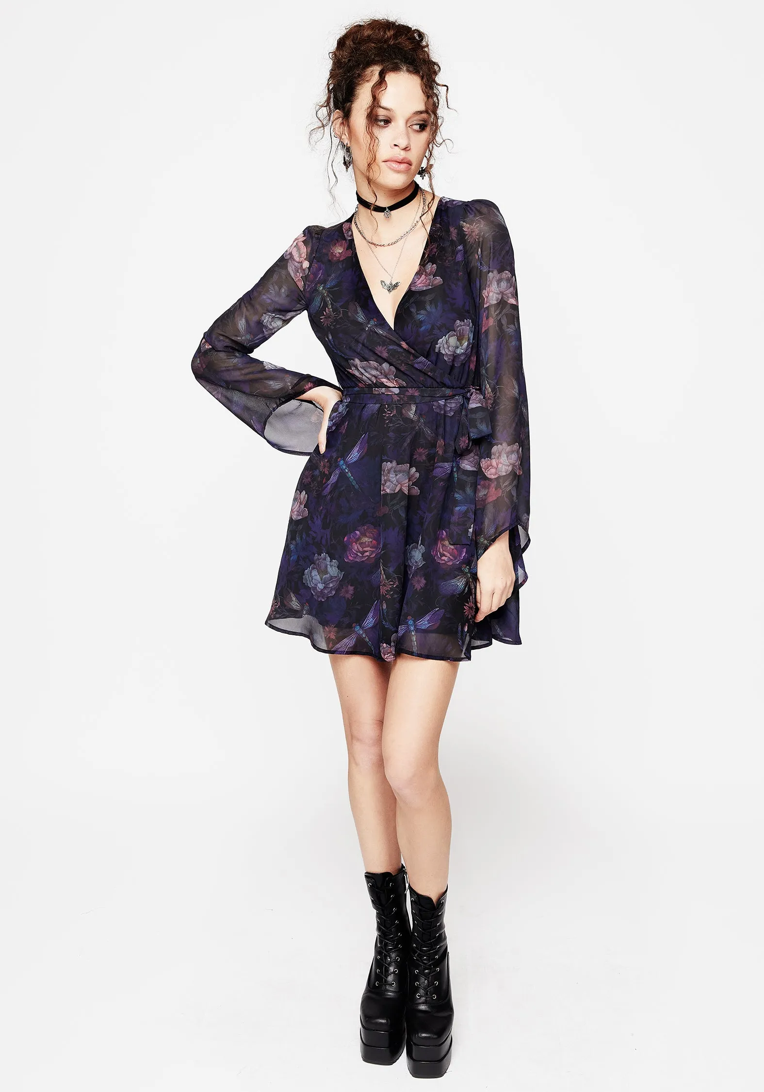 Breezy Comfort Dragonfly Floral Print Flute Sleeve Chiffon Mini Dress