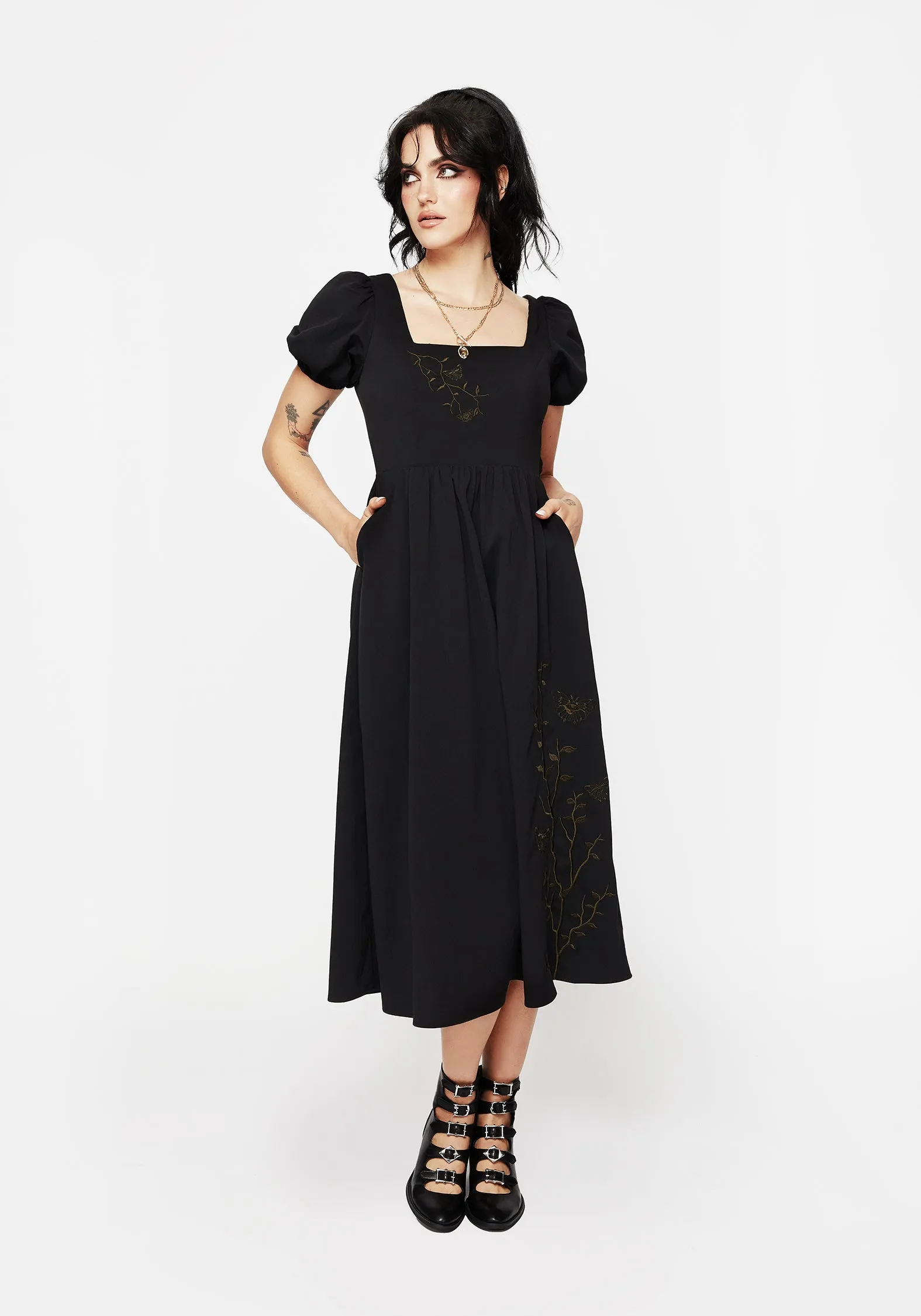 Cressida Moth Embroidered Midi Dress Dew Glow
