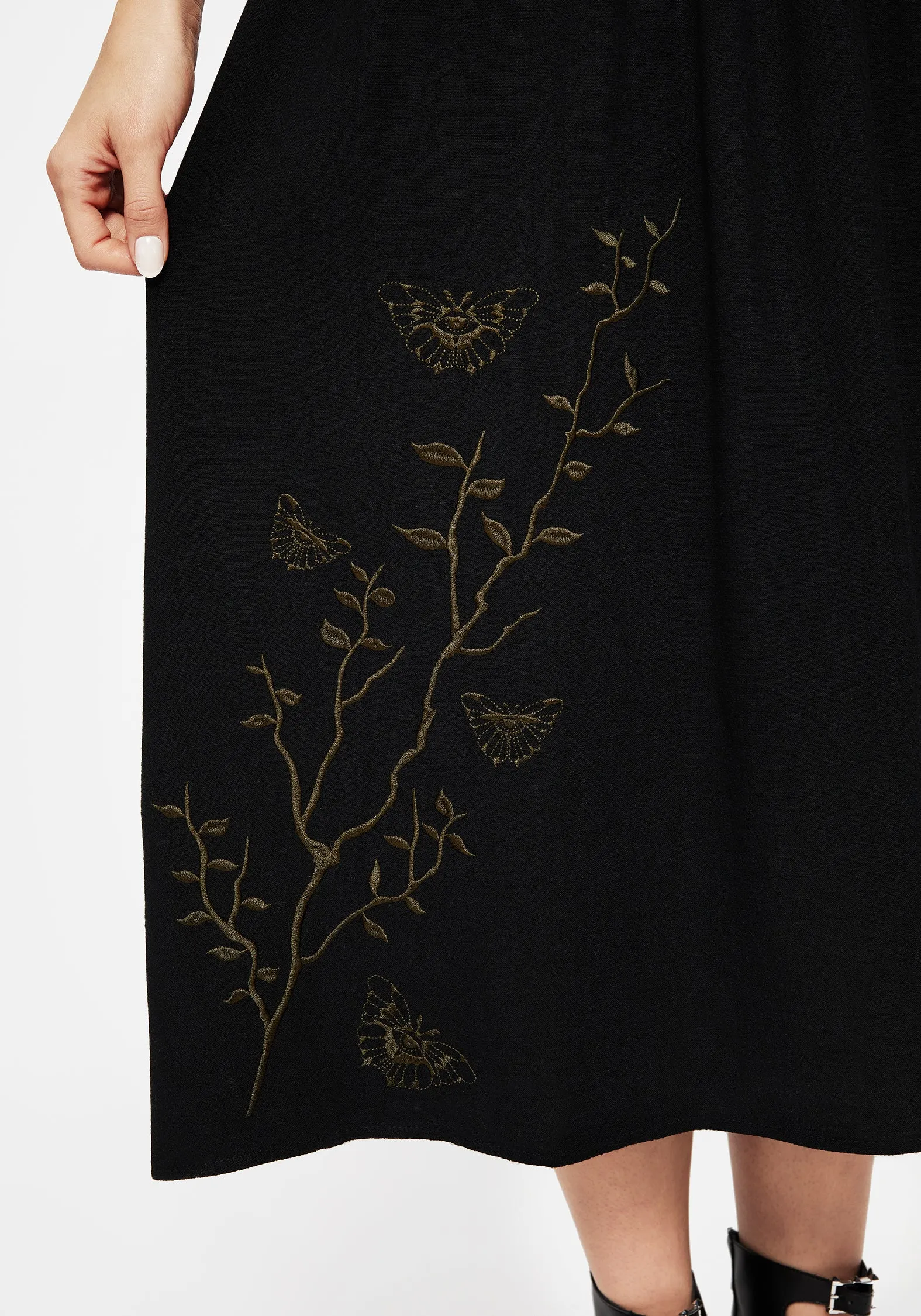 Button Details Cressida Moth Embroidered Midi Skirt