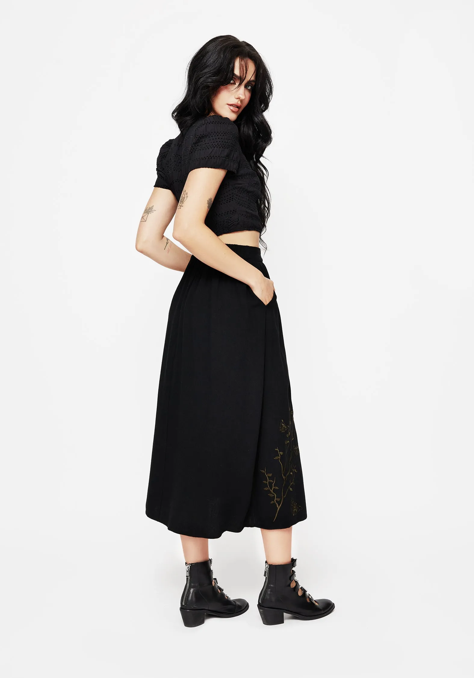 Cressida Moth Embroidered Midi Skirt Weighted Hem