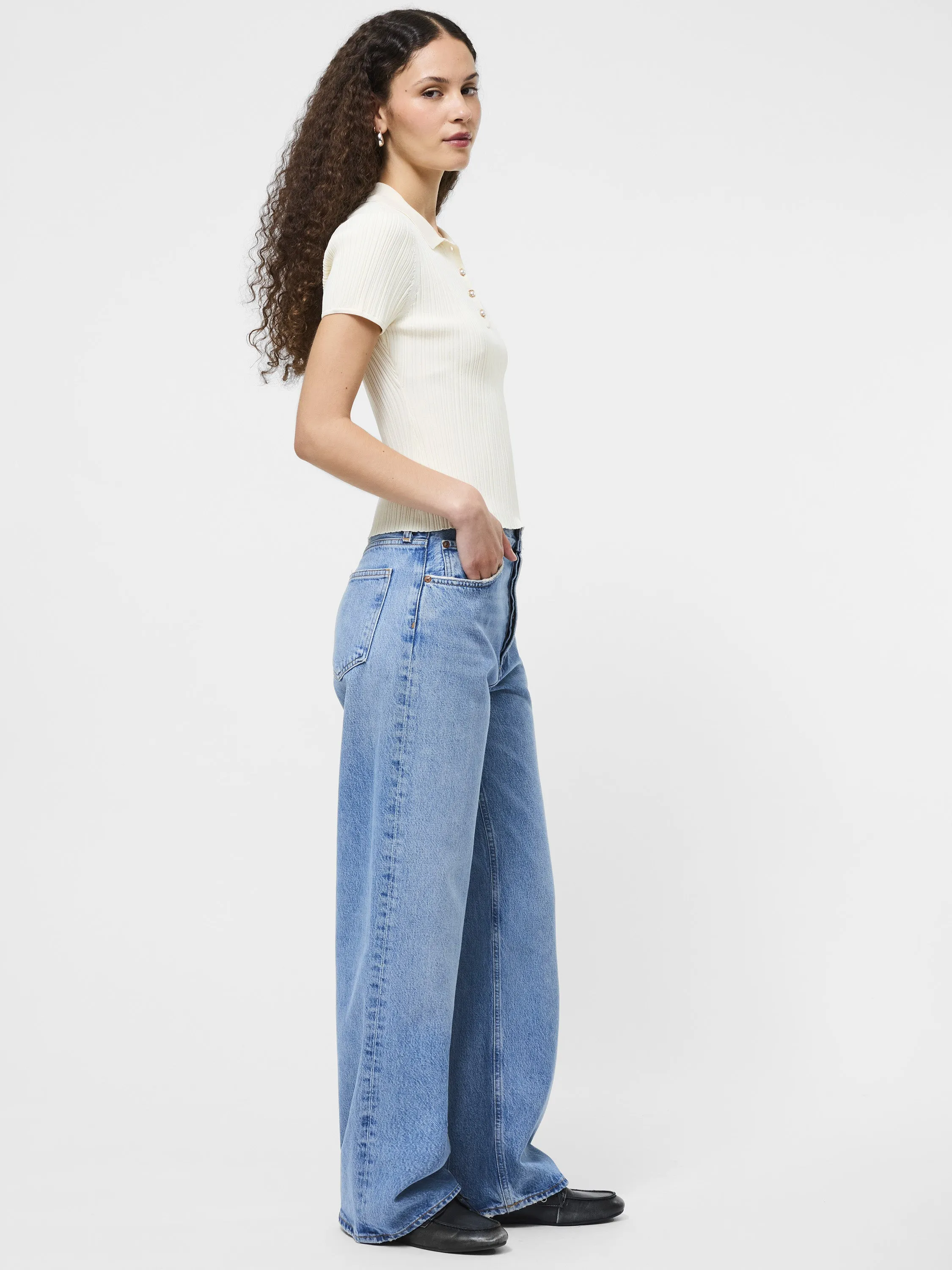 RibbedHemline Ribbed collar Crinkle Knit Slim Polo