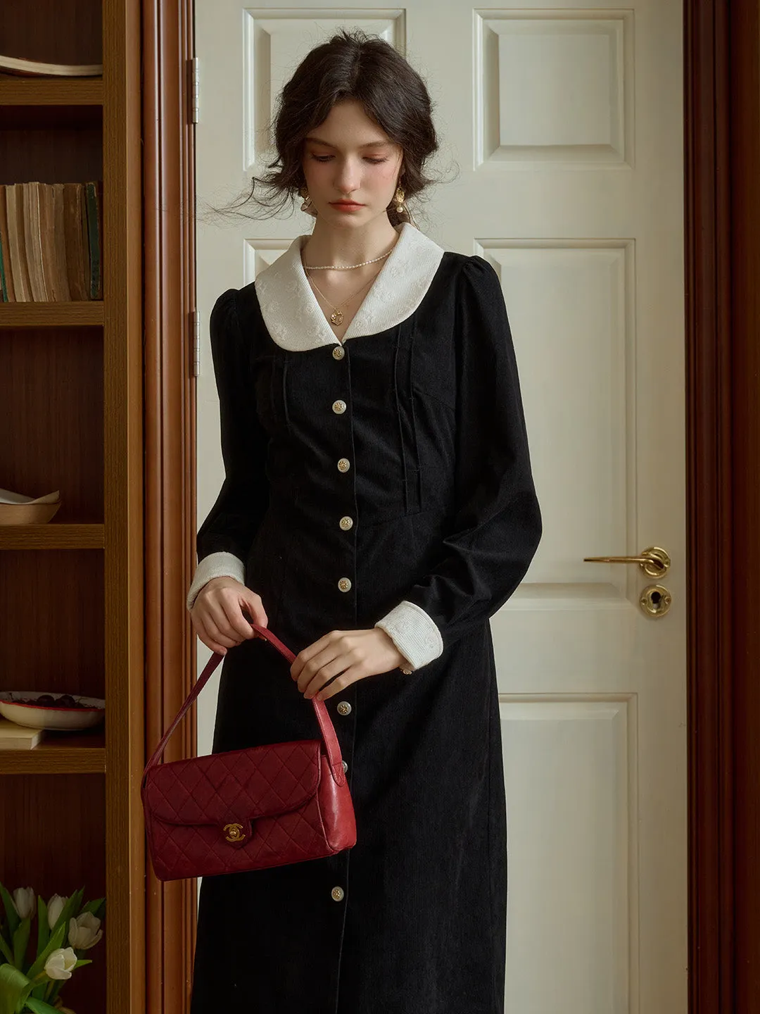 Whimsical Mood Ethically-Made Lillie Retro Lapel Contrast Rose Lace Paneling Velvet Dress