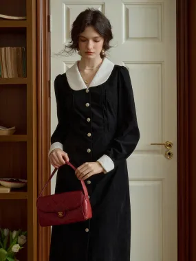 Waist Seam Evening Look Lillie Retro Lapel Contrast Rose Lace Paneling Velvet Dress