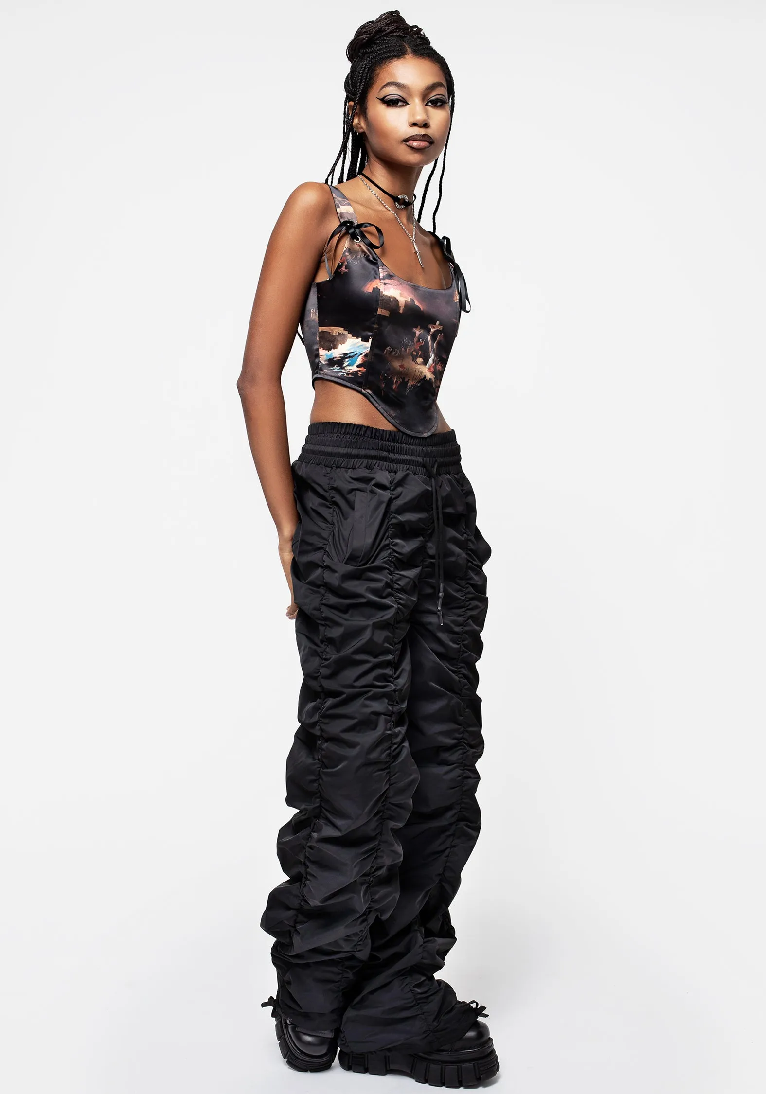 BoxySilhouette Drop Shoulder Silhouette Crucifixion Satin Corset Top