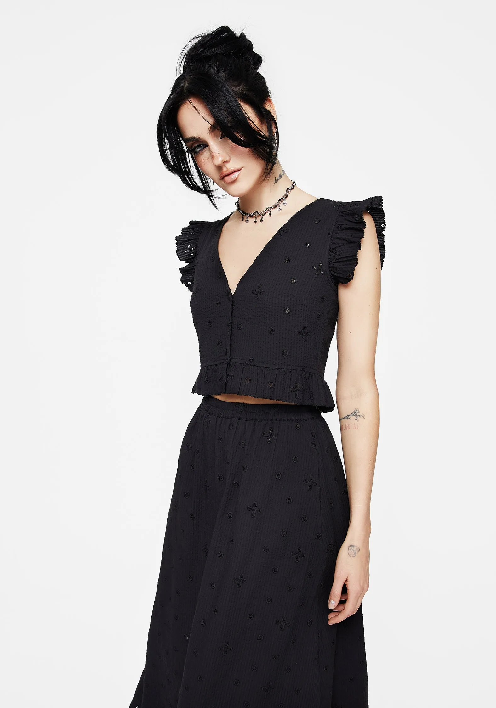 Crux Broderie Button Up Sleeveless Blouse Top RawEdgedDesign NonIrritatingEdges