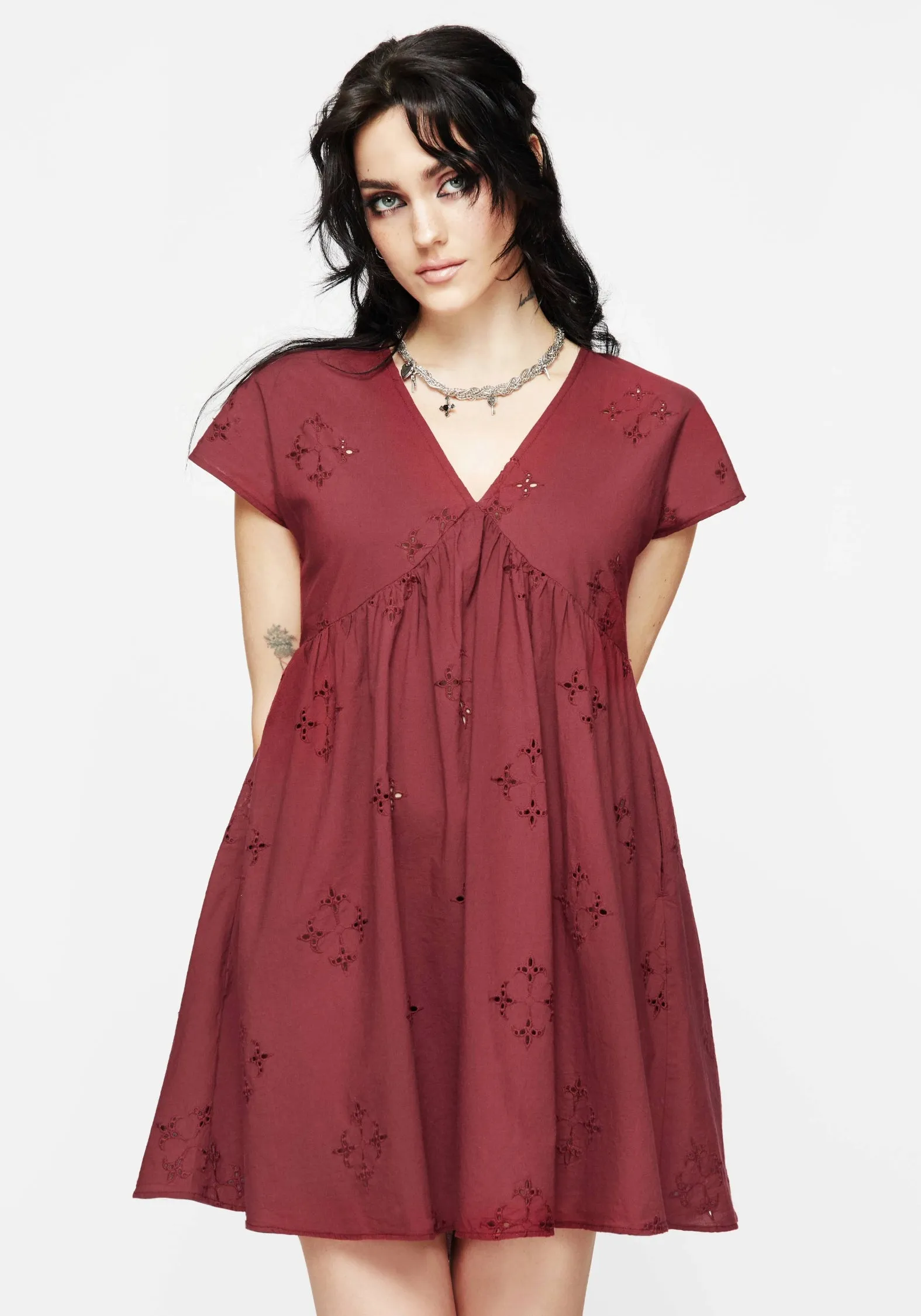 Layer Light Grace Walk Crux Broderie Cotton Smock Mini Dress - Red