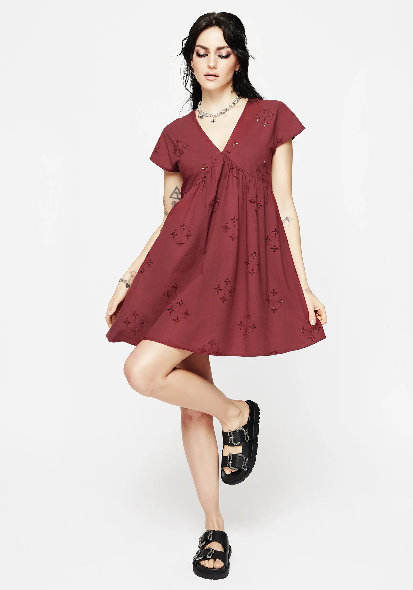 summer look Non-Iron Crux Broderie Cotton Smock Mini Dress - Red