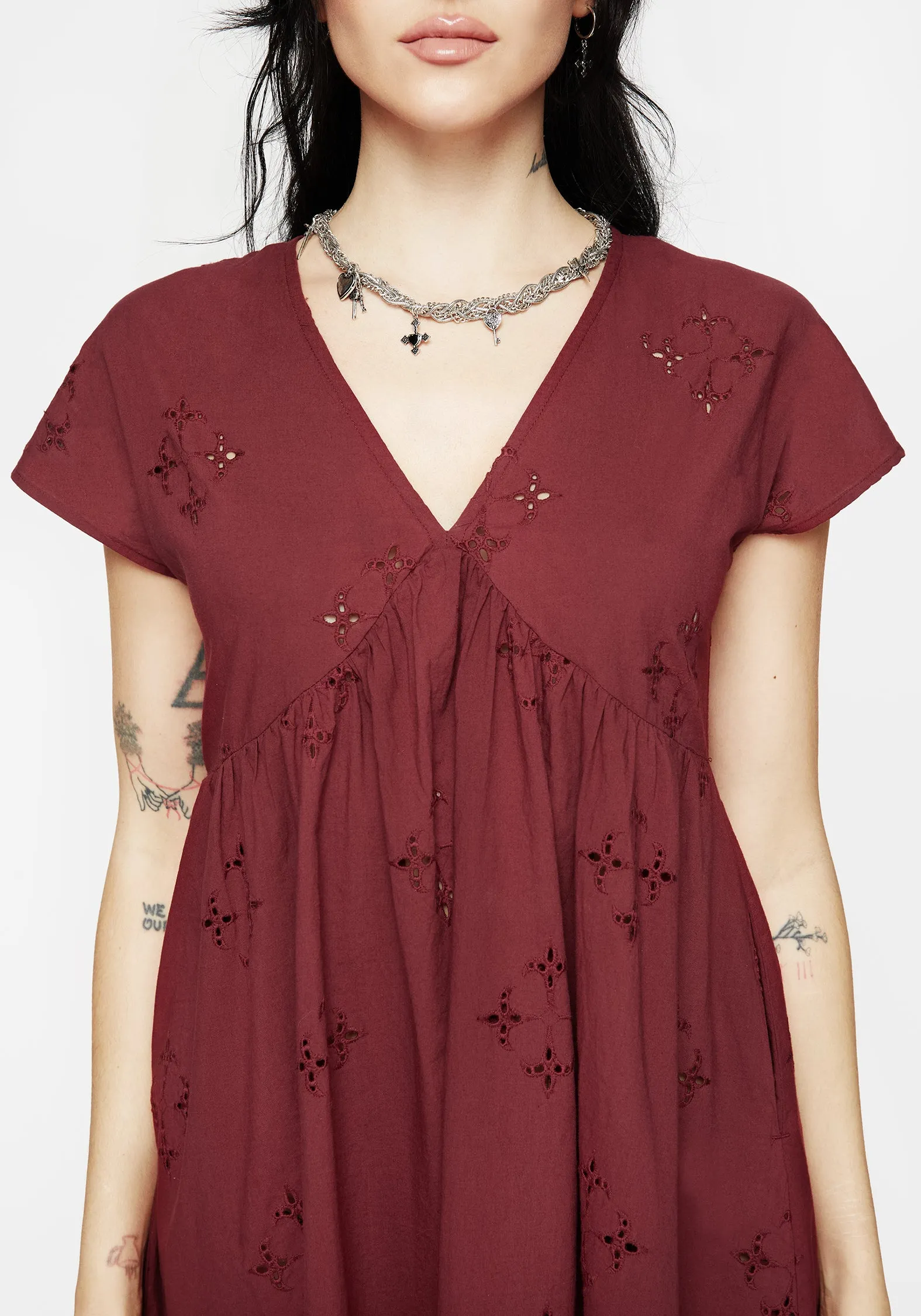 Crux Broderie Cotton Smock Mini Dress - Red Breezy Comfort All-season garment