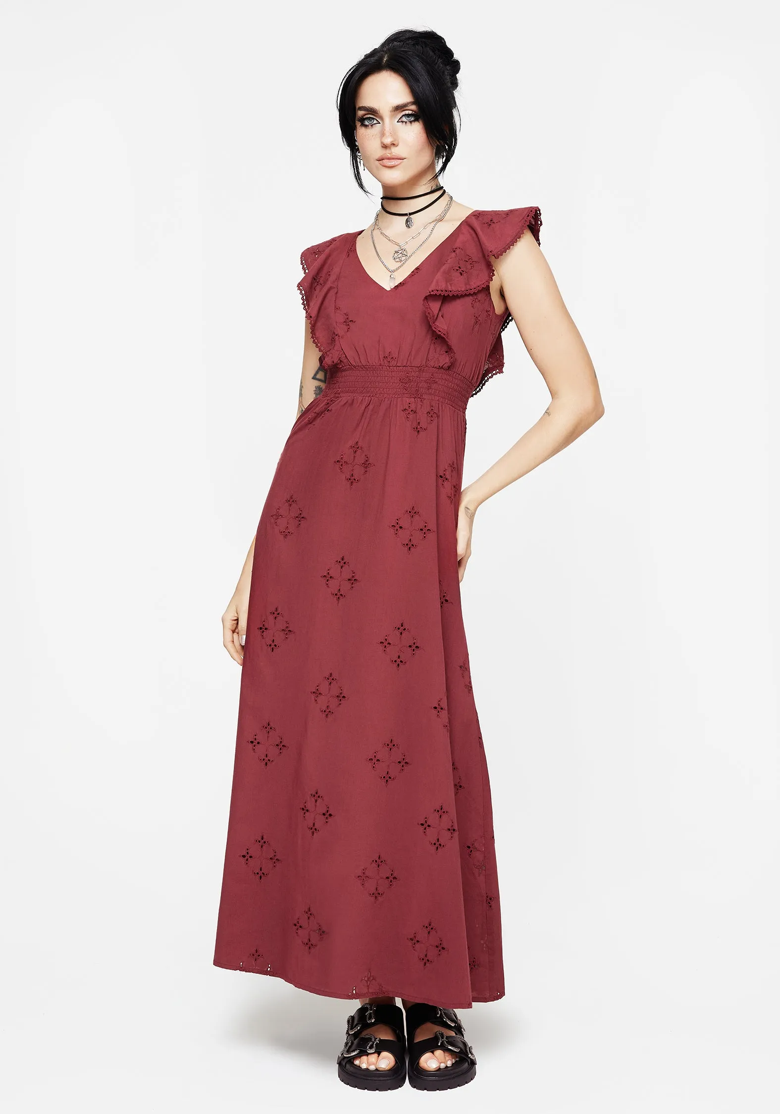 and Effortless fit dress. Crux Broderie Cotton V-Neck Frill Maxi Dress