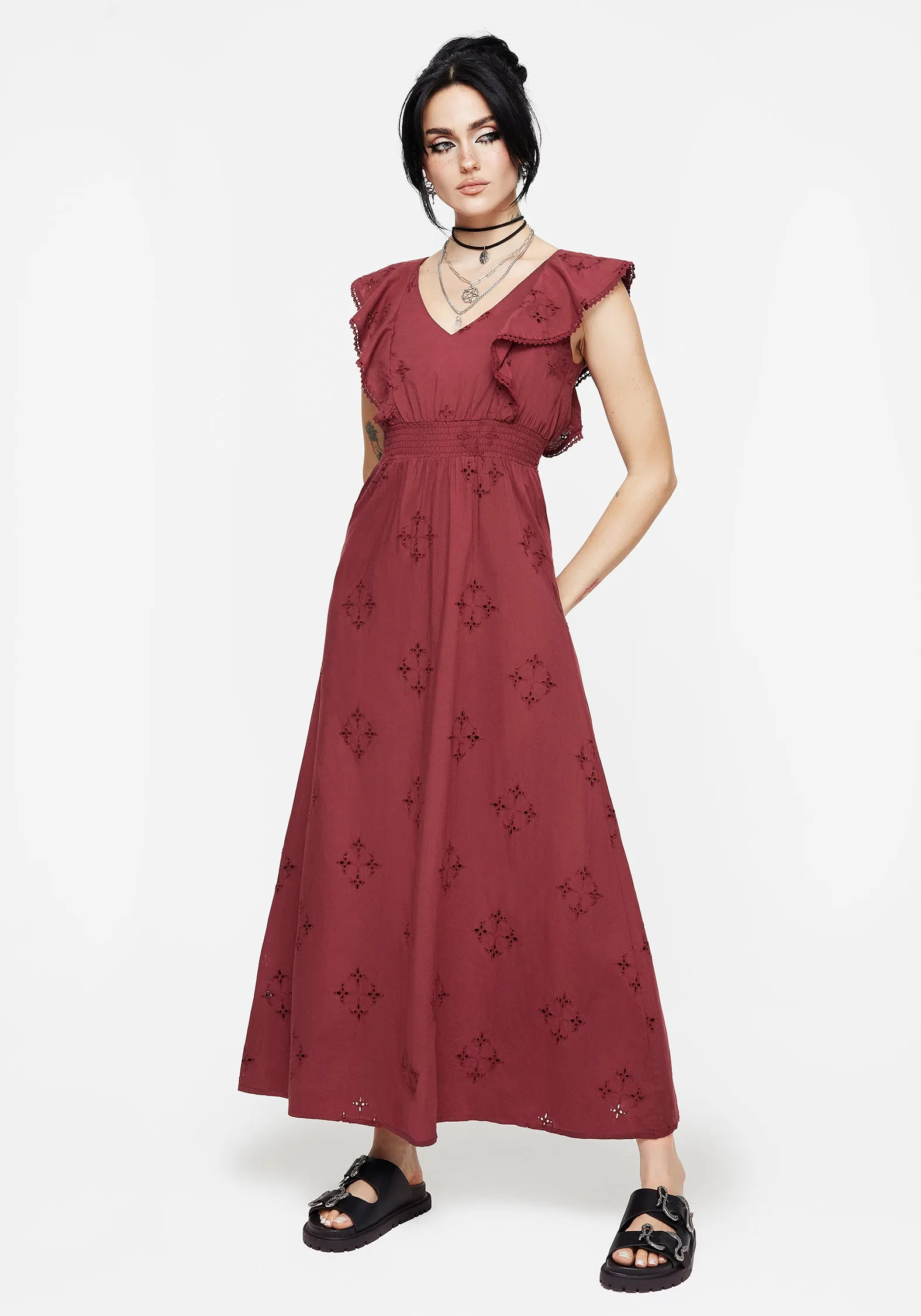 Classic A-line design Feminine Layers Crux Broderie Cotton V-Neck Frill Maxi Dress