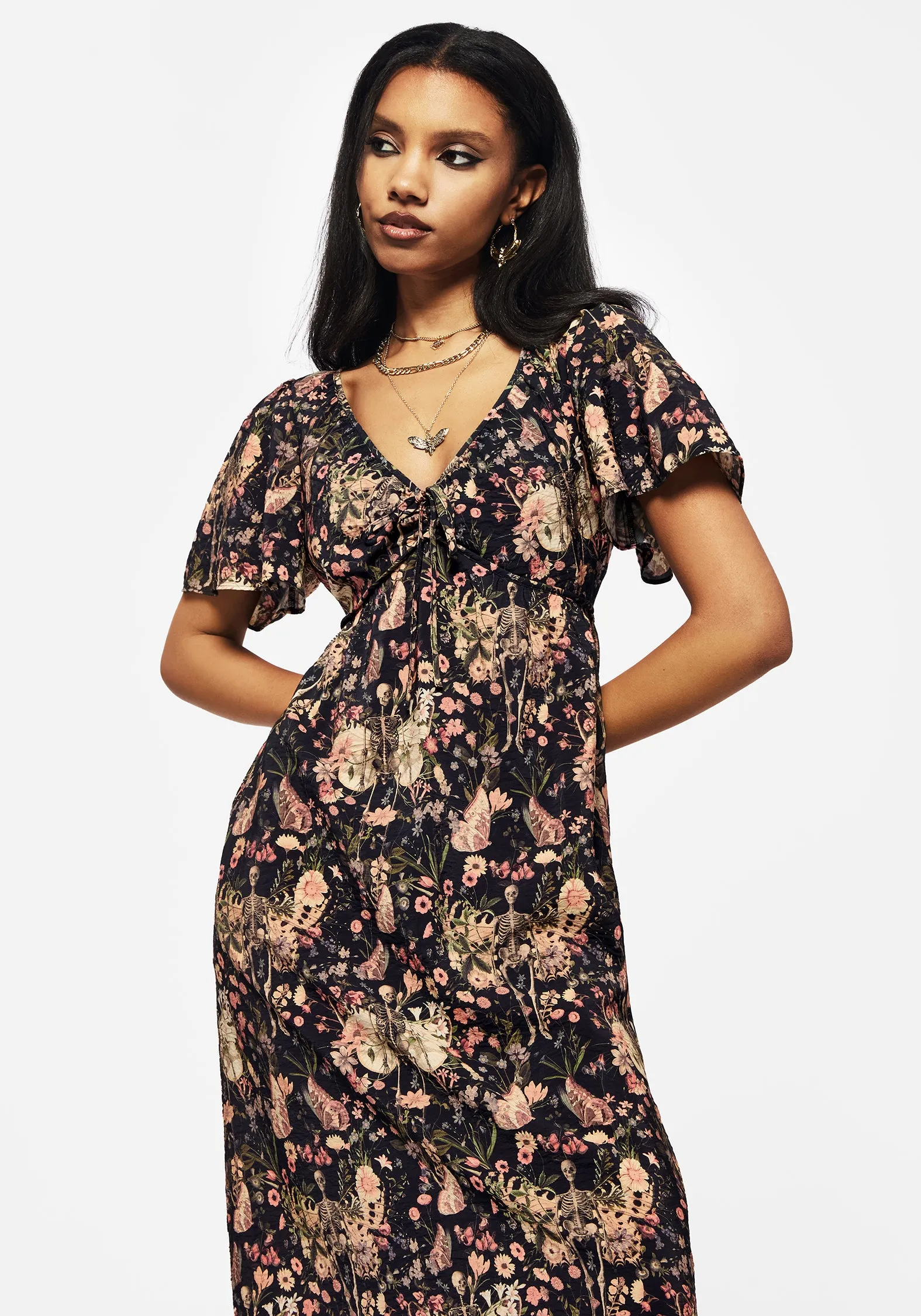 Pixie Floral Print Tie Front Maxi Dress Hand-Wash Edgy Layers