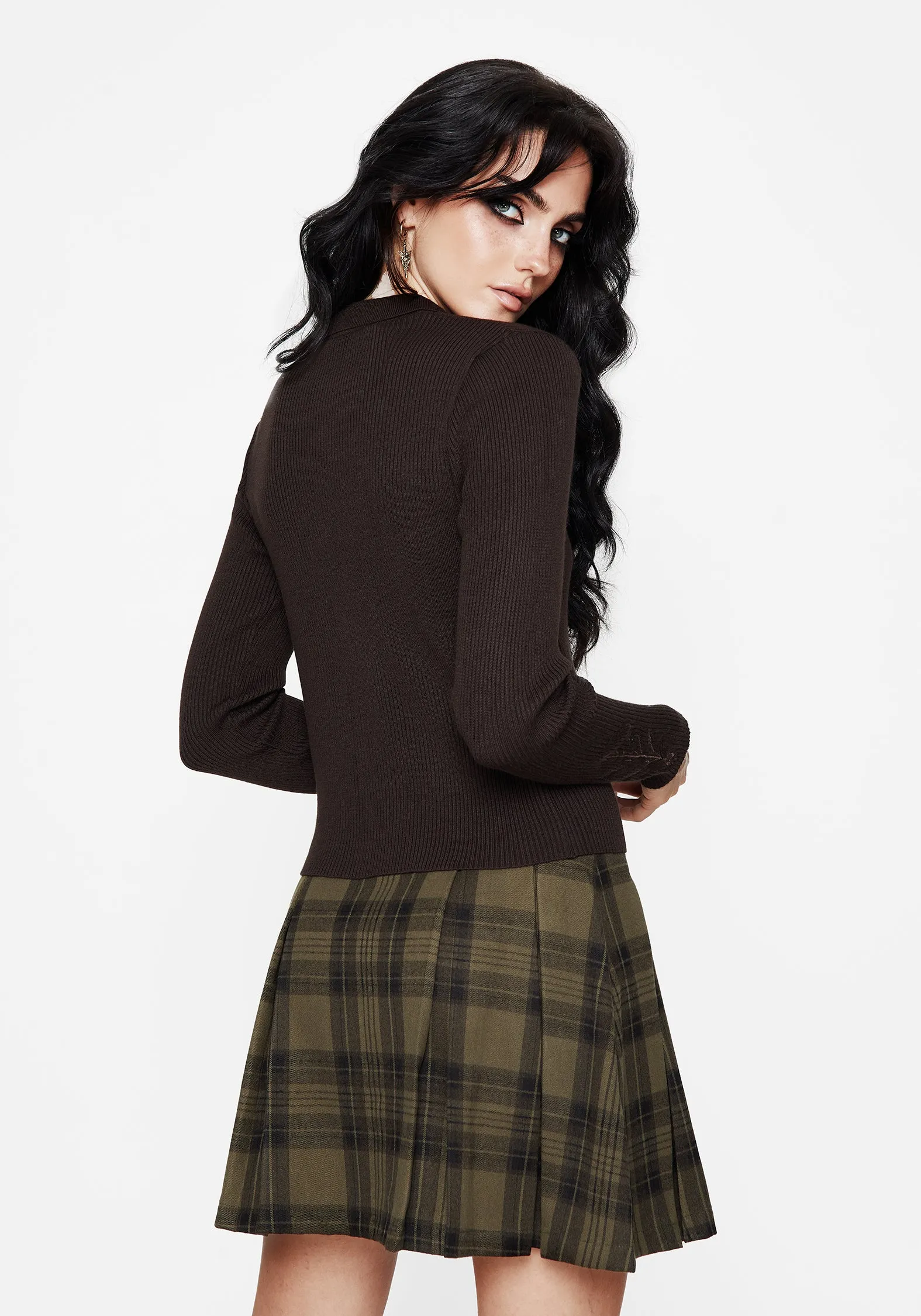 Cybele Embroidered Button Up Ribbed Knit Cardigan Scoop Neck Shape Compression Fit Technology