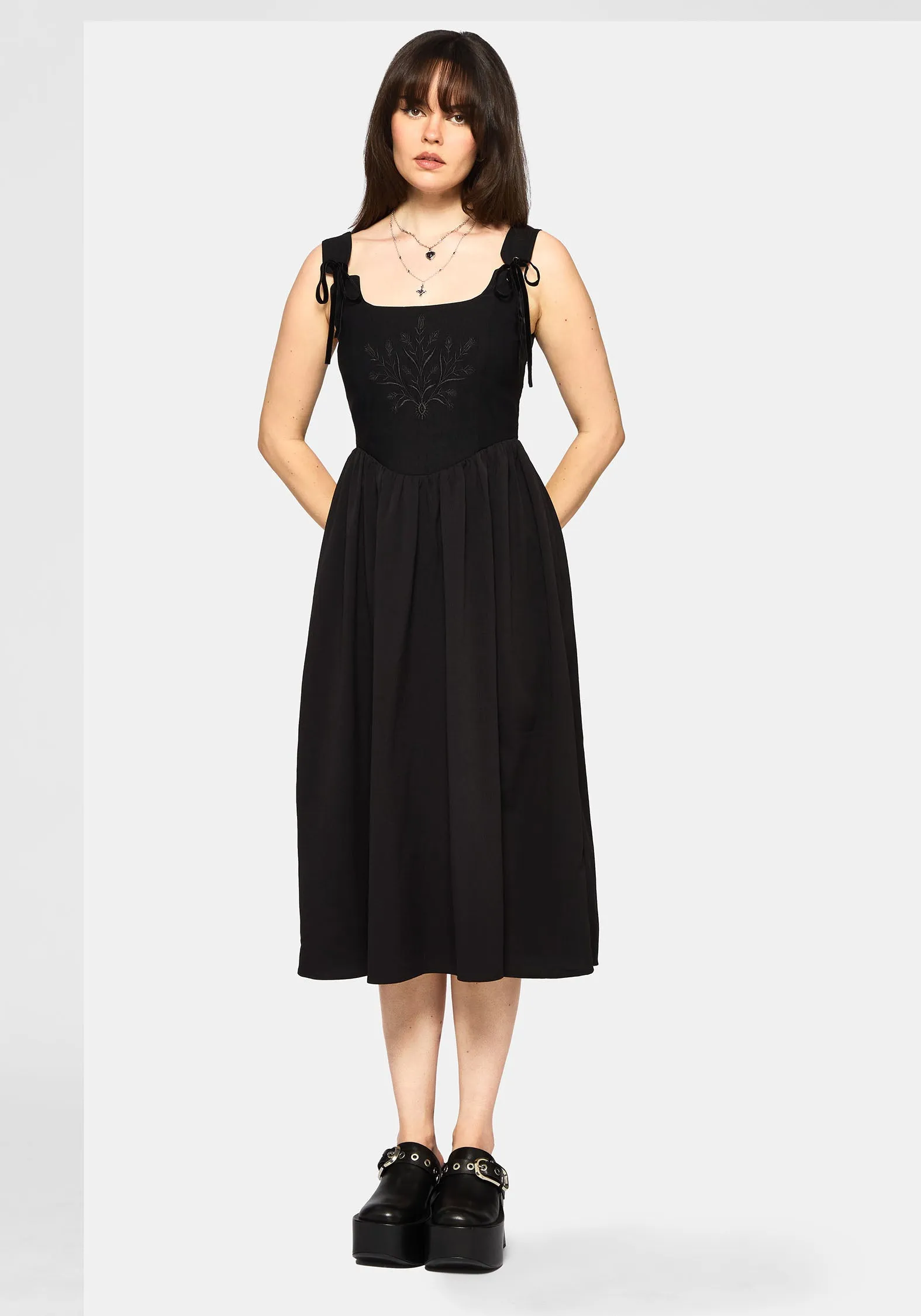 Cybele Embroidered Front Corset Bodice Midi Dress Urban Ease