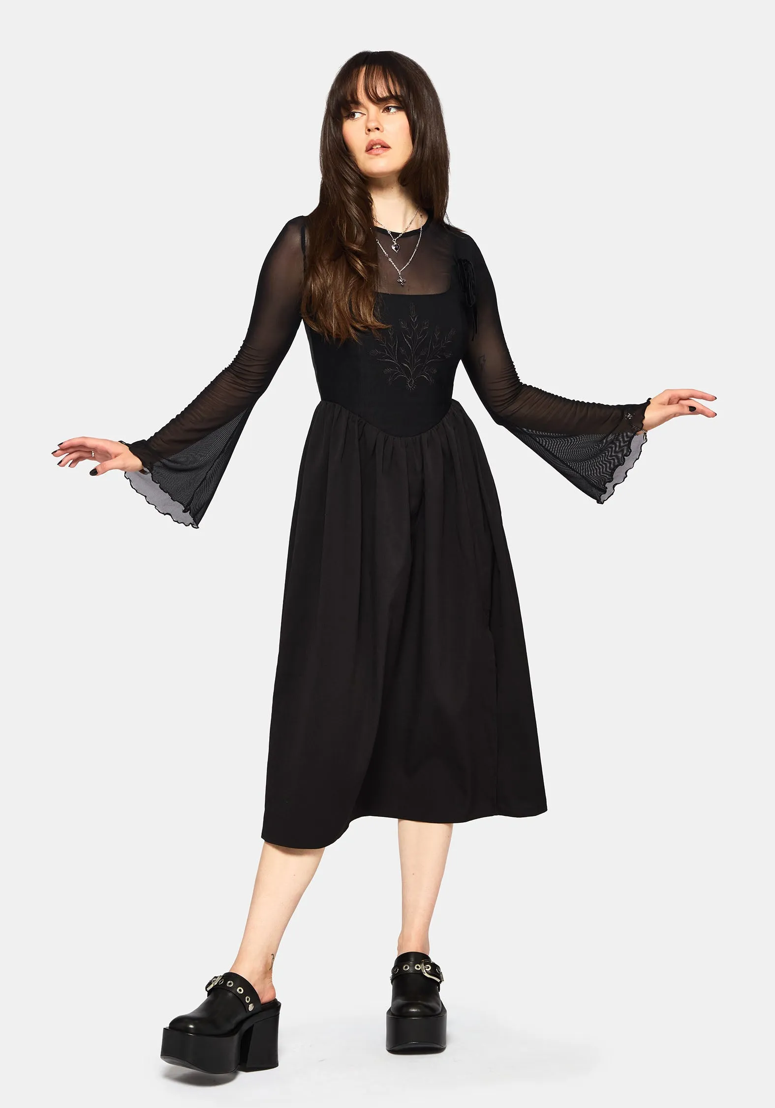 Cybele Embroidered Front Corset Bodice Midi Dress Graceful Flow