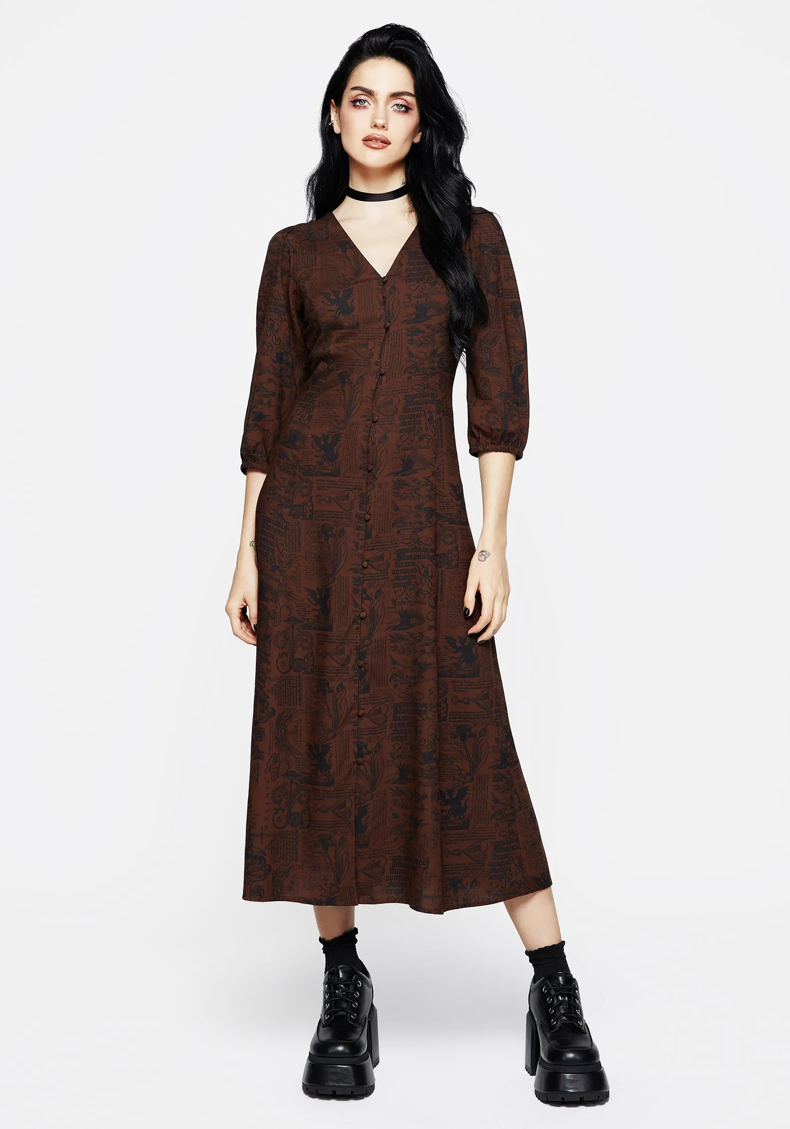 Daemonologie Woodcut Print Button Up Midaxi Dress Tall Fit Photo Glow