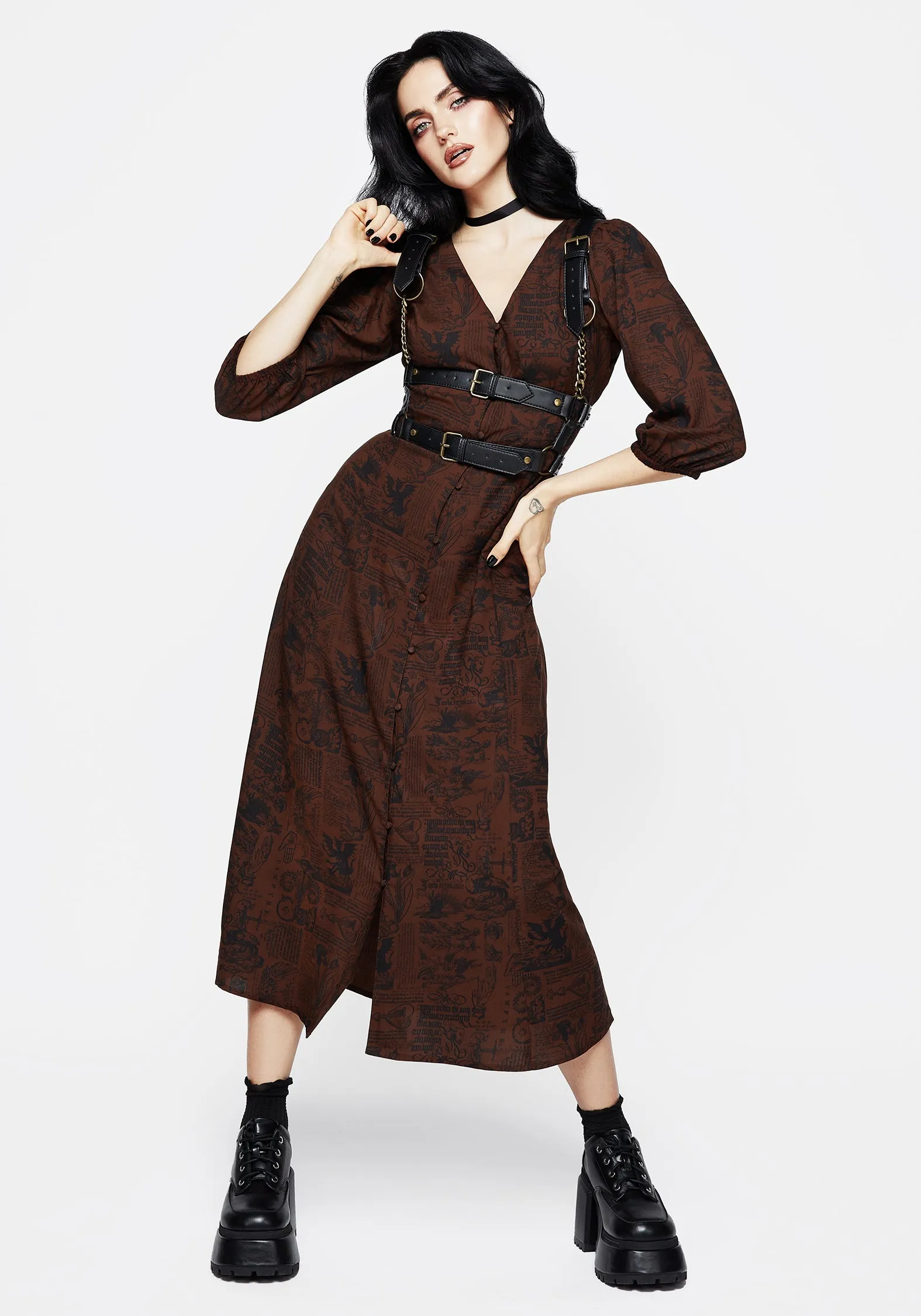 Daemonologie Woodcut Print Button Up Midaxi Dress Cool Undertone Fall Flow