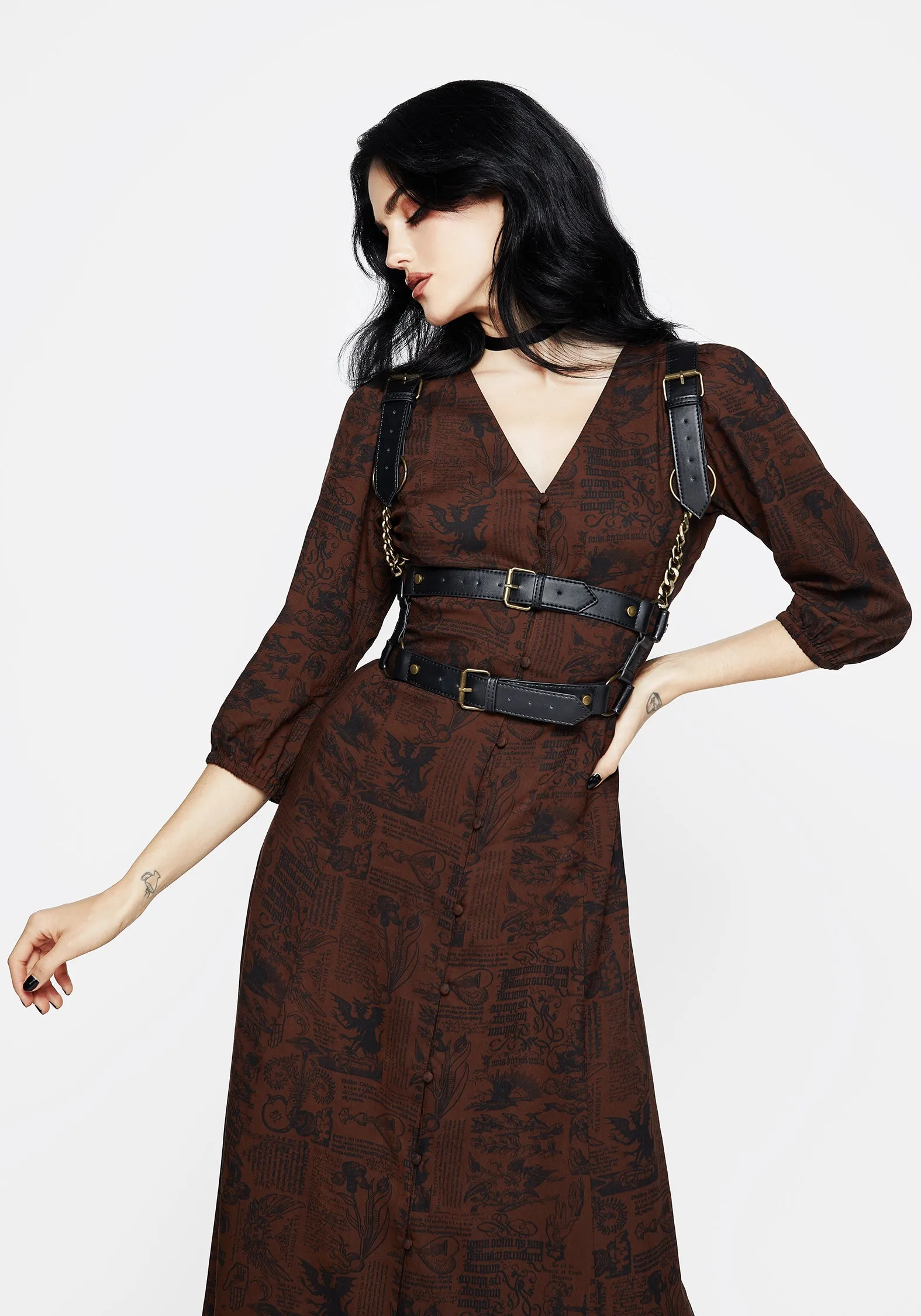 Daemonologie Woodcut Print Button Up Midaxi Dress Walk Grace
