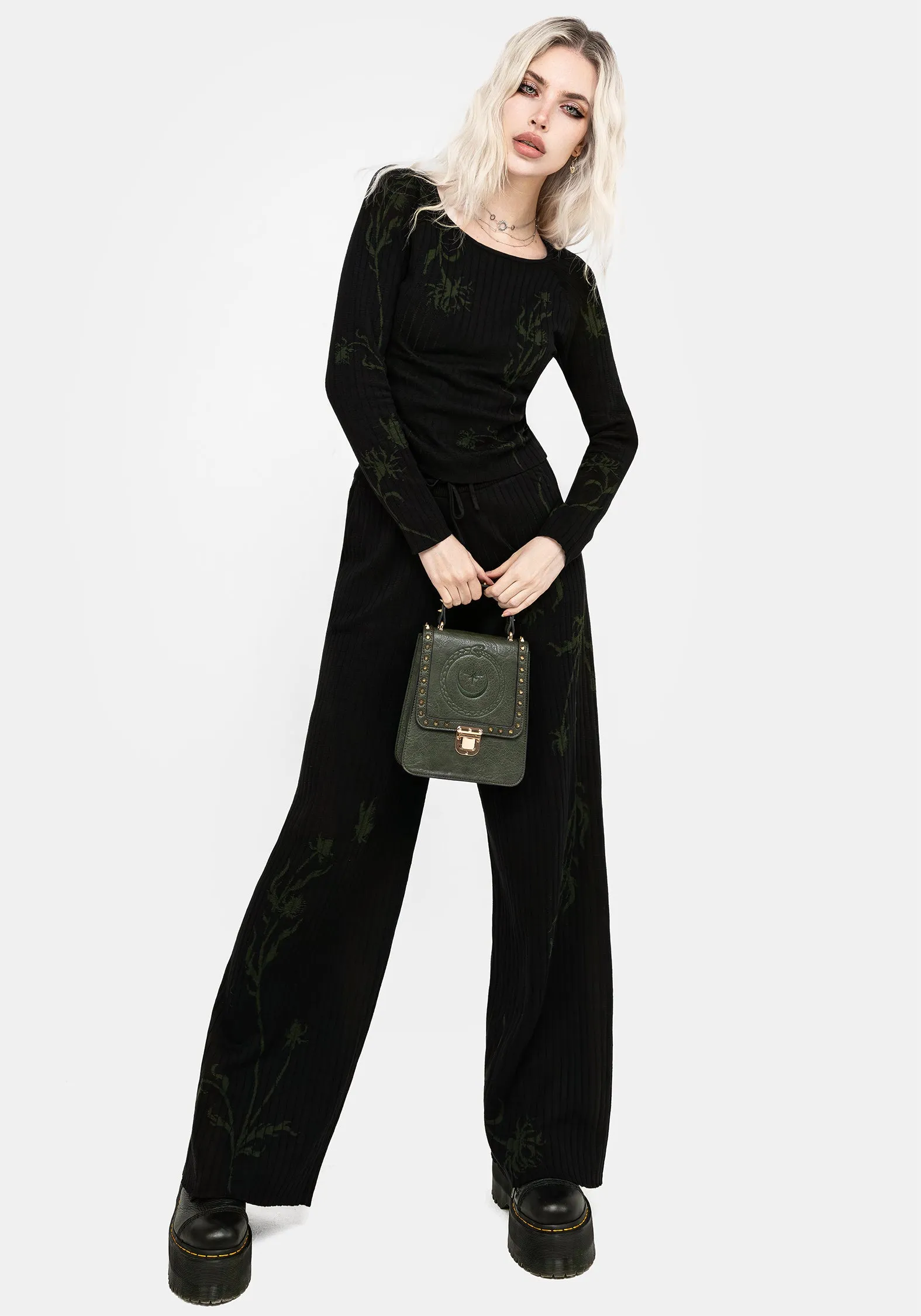 Diastella Floral Jacquard Rib Knit Raglan Sleeve Top - Black LowImpact Dye Airflow Optimized