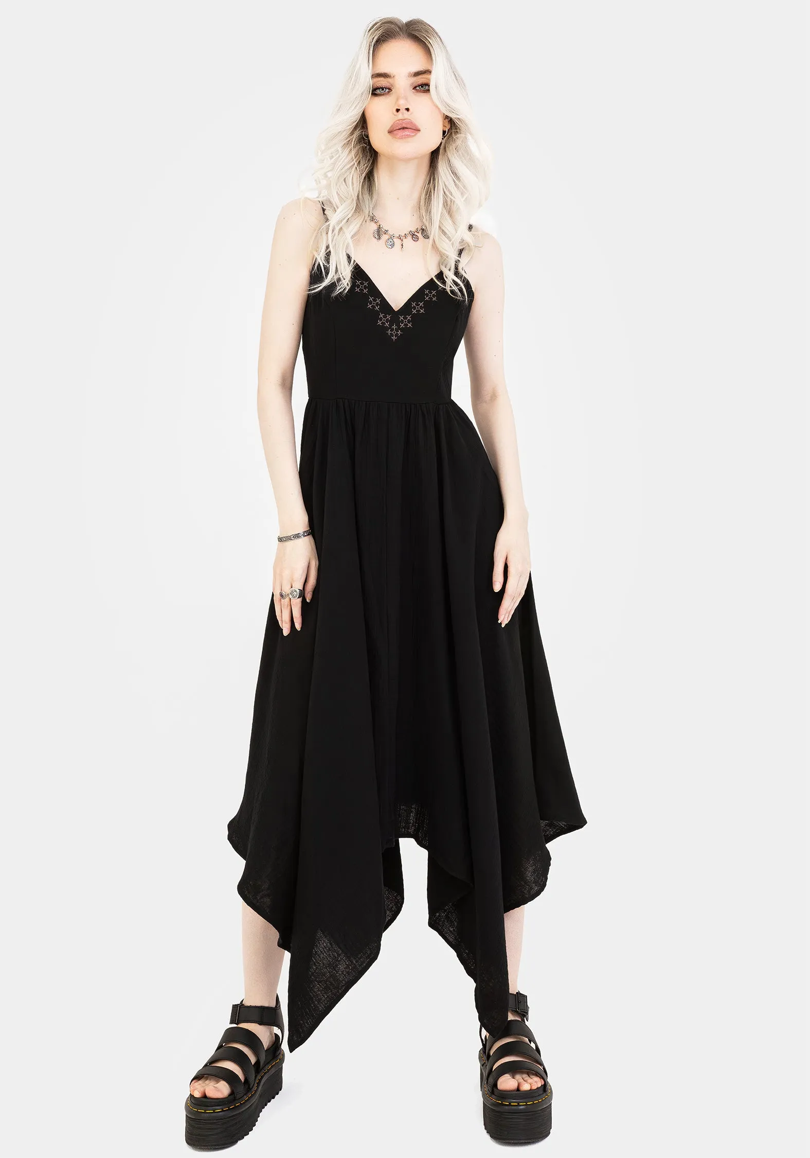 Wrap-Style Damara Embroidered Cotton Hanky Hem Midaxi Dress