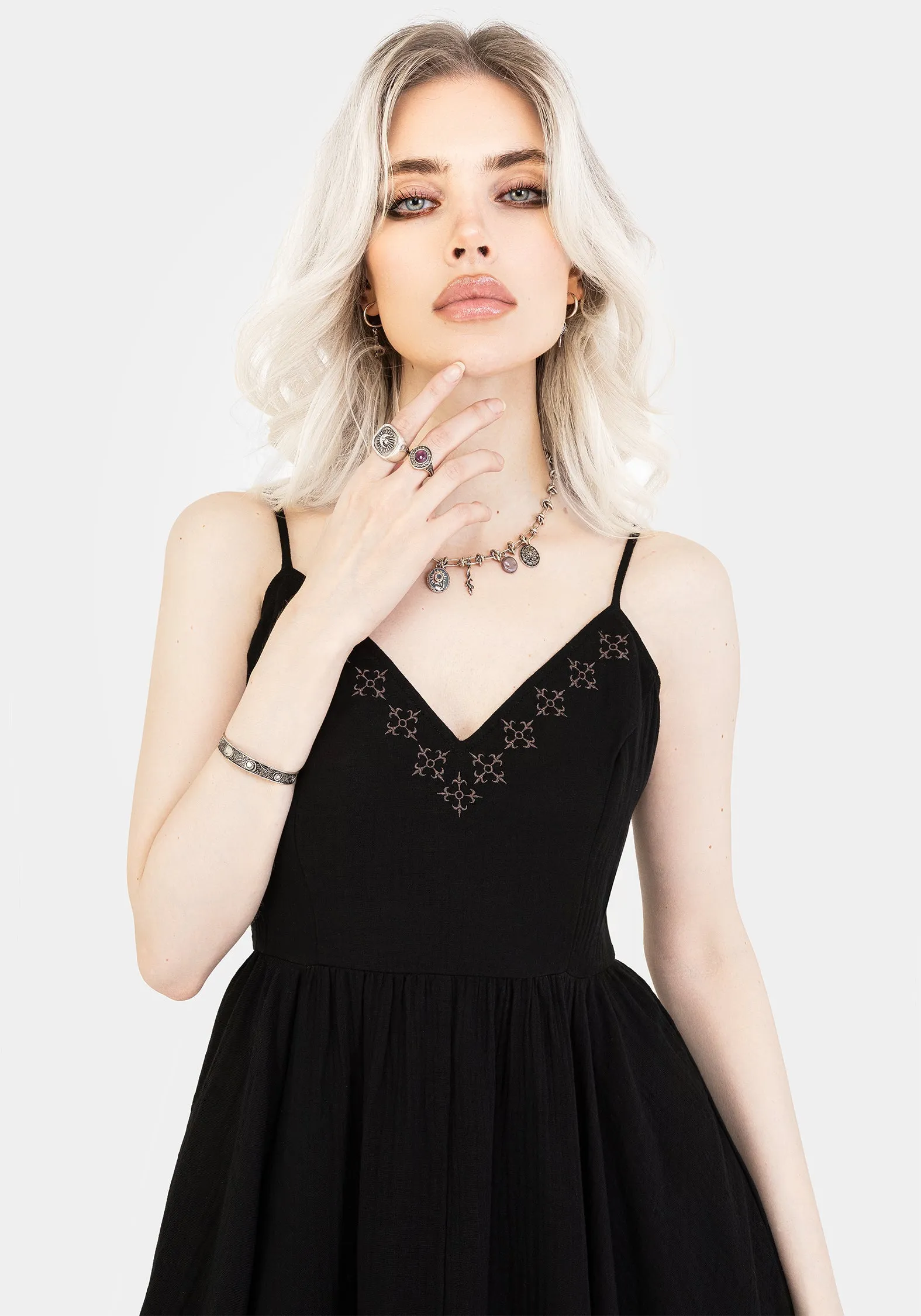 Low-Waist Damara Embroidered Cotton Hanky Hem Midaxi Dress