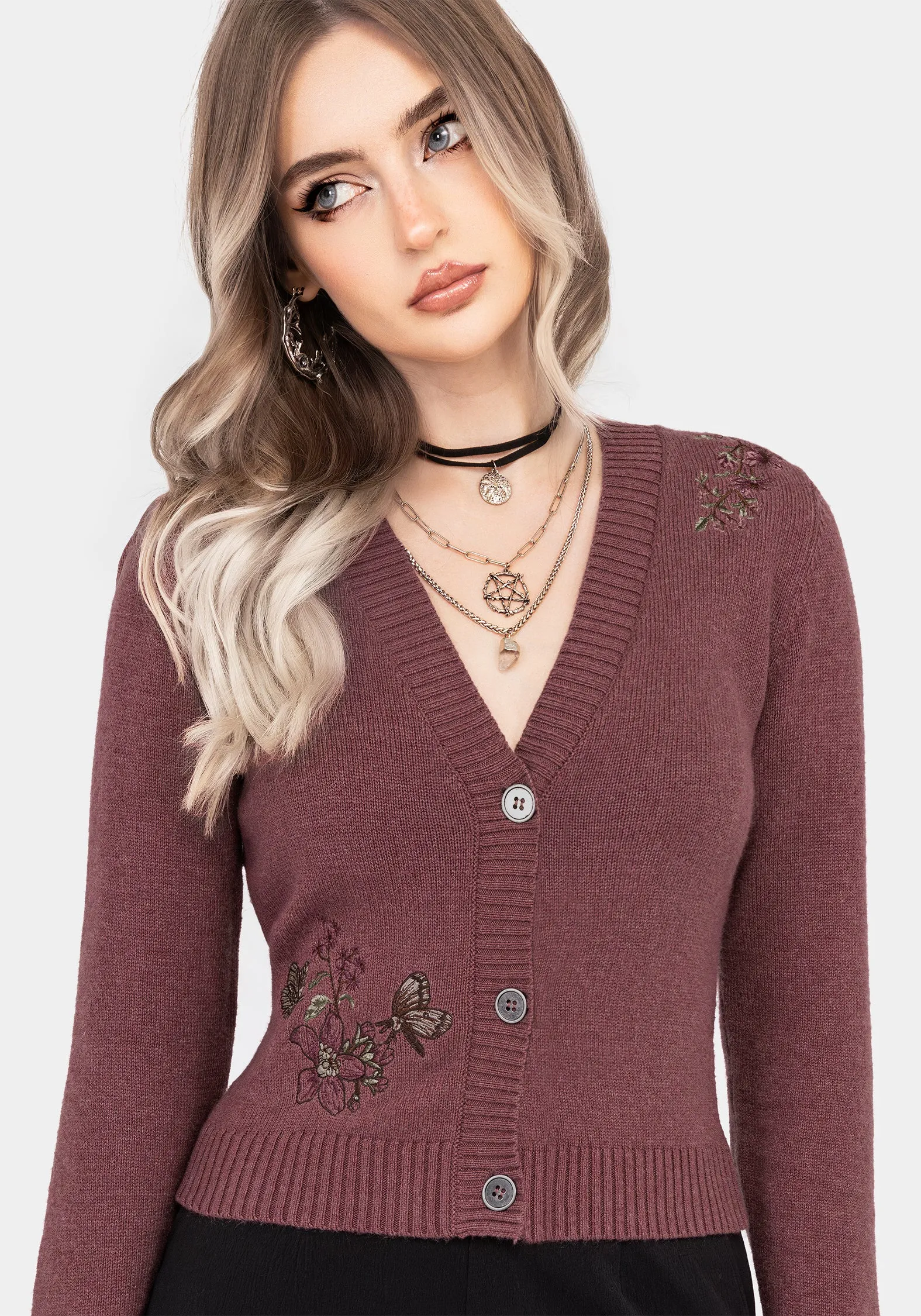 Travel Ready Dana Floral Moth Embroidered Cardigan - Purple