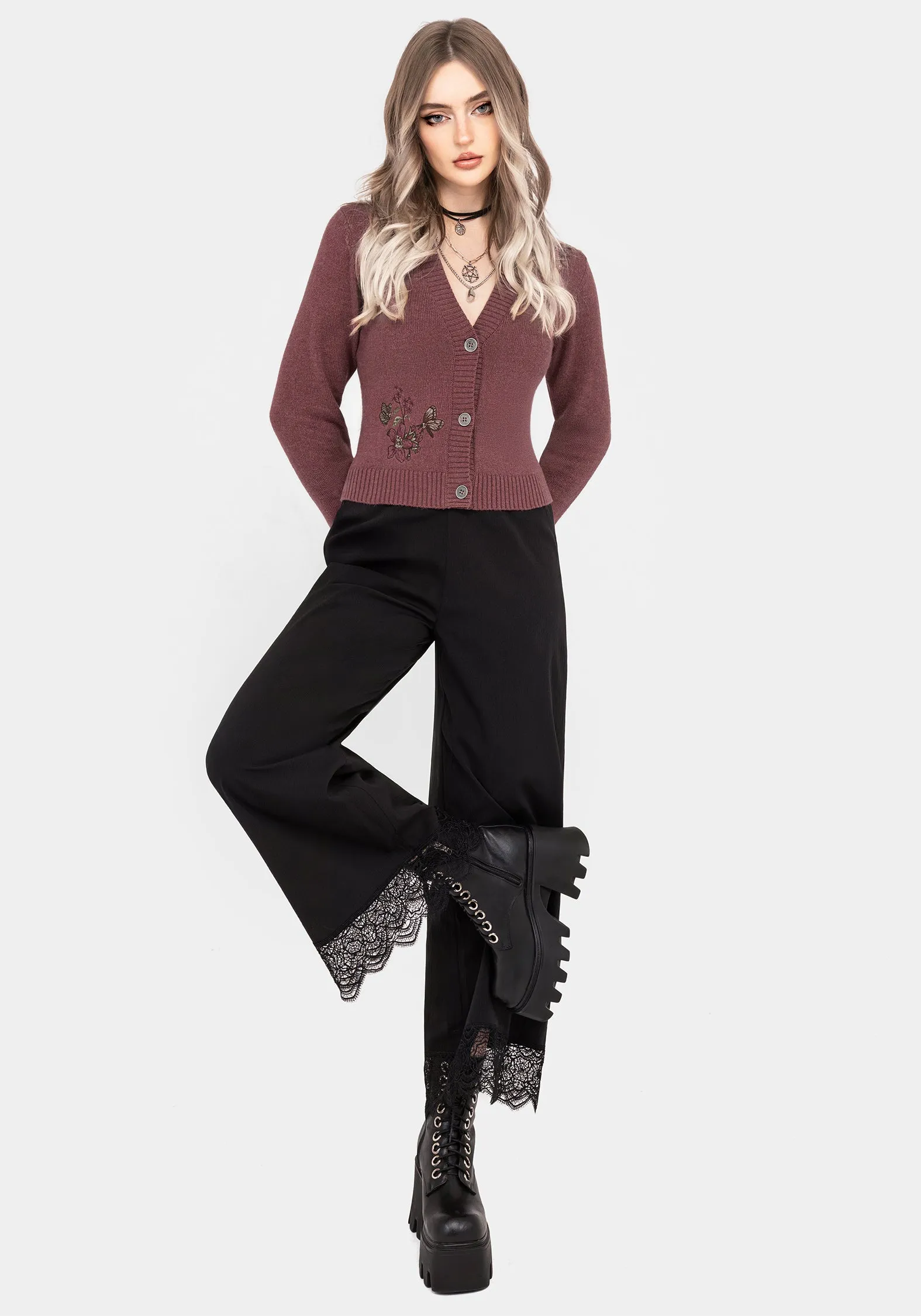 Drop Shoulder Dana Floral Moth Embroidered Cardigan - Purple