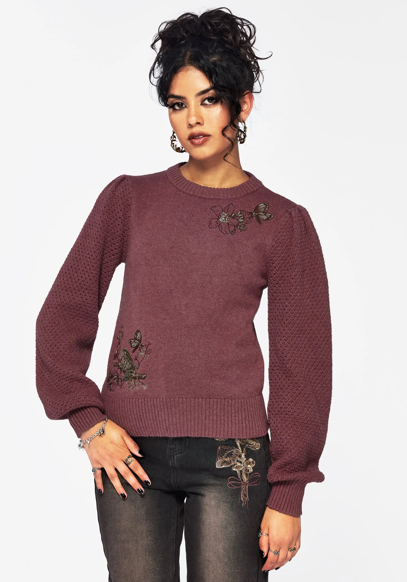 FrictionResistant Sleeves AntiStatic Finish Dana Floral Moth Embroidered Jumper - Purple