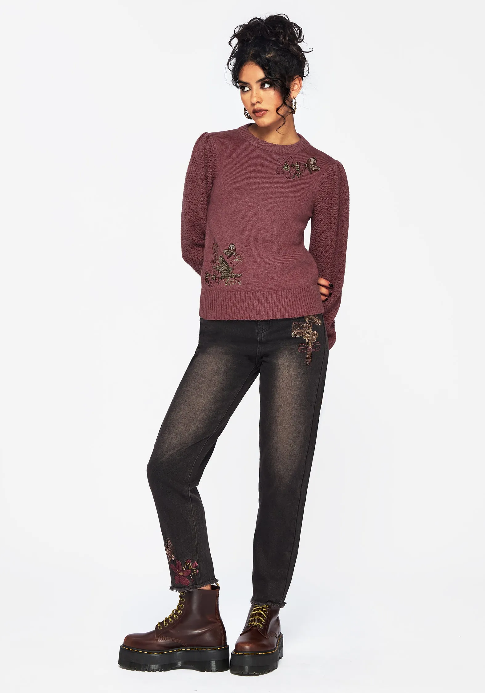 Everyday Classic Dana Floral Moth Embroidered Jumper - Purple