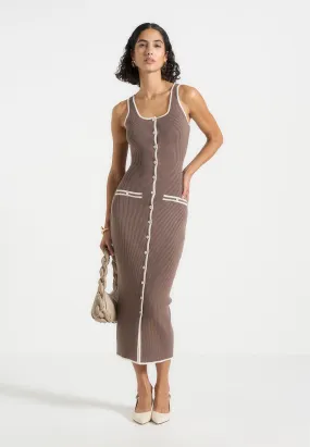 Lounge Ready Daphne - Rib Knit Contrast Midaxi Dress - Brown/Cream
