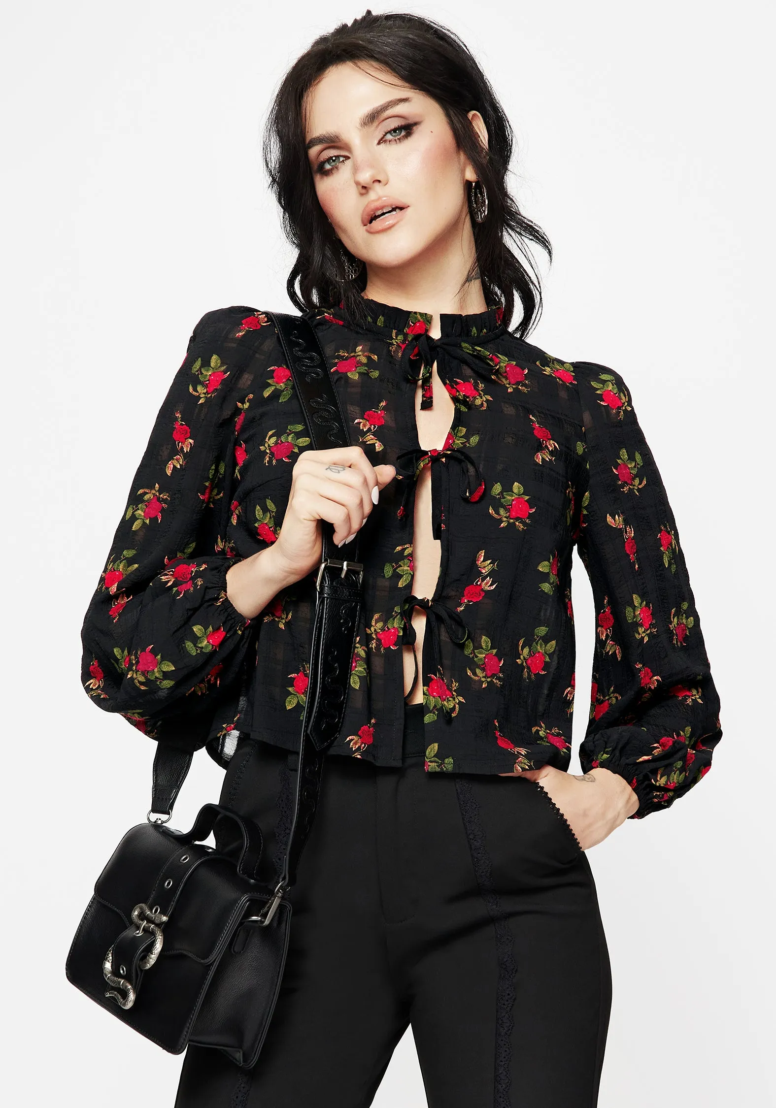 Darcey Floral Print Chiffon Tie-Front Blouse Spring Collection Ribbed Trim