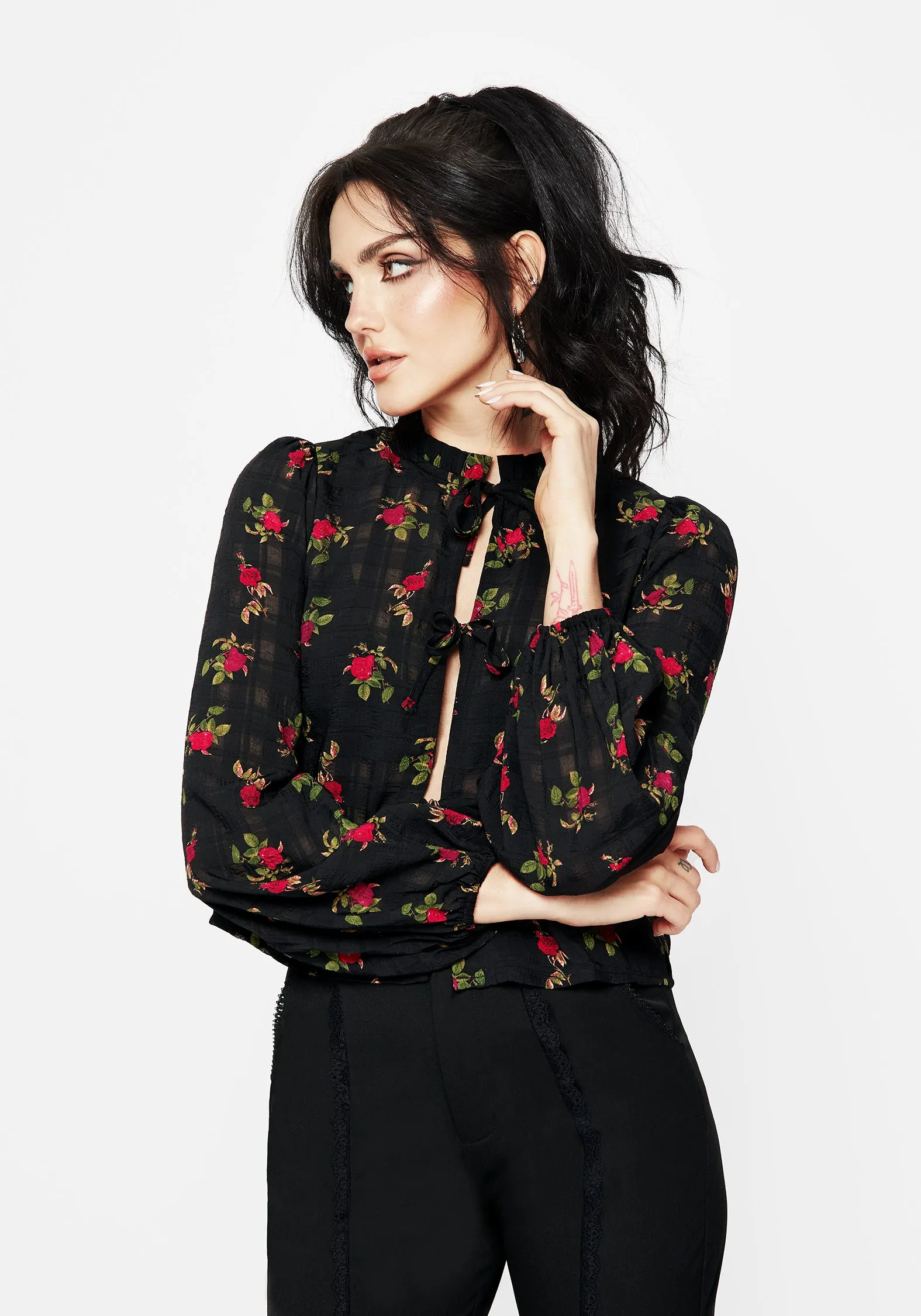 TaglessComfort WaterRepellent Coating Darcey Floral Print Chiffon Tie-Front Blouse