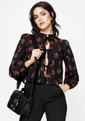 Darcey Floral Print Chiffon Tie-Front Blouse Spring Collection Ribbed Trim