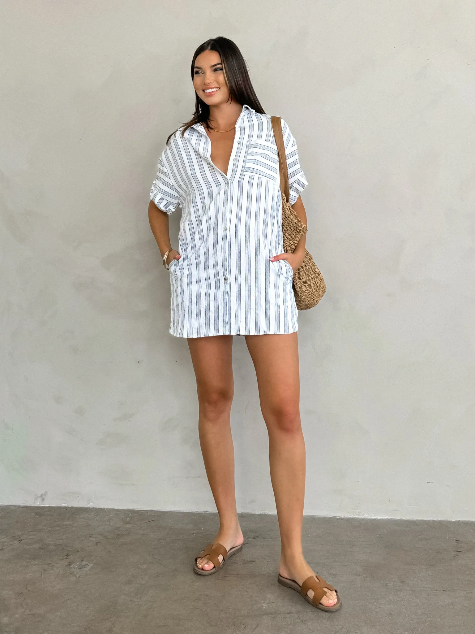 Daria Stripe Dress in White - Final Sale FastDrying Textured Weave