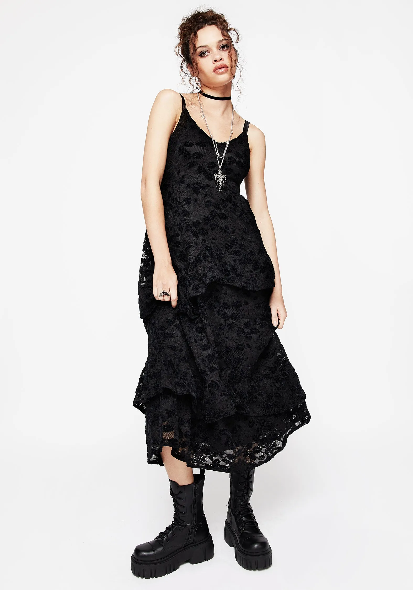 Versatile Design Cozy Flex Dauphine Tiered Lace Midaxi Dress