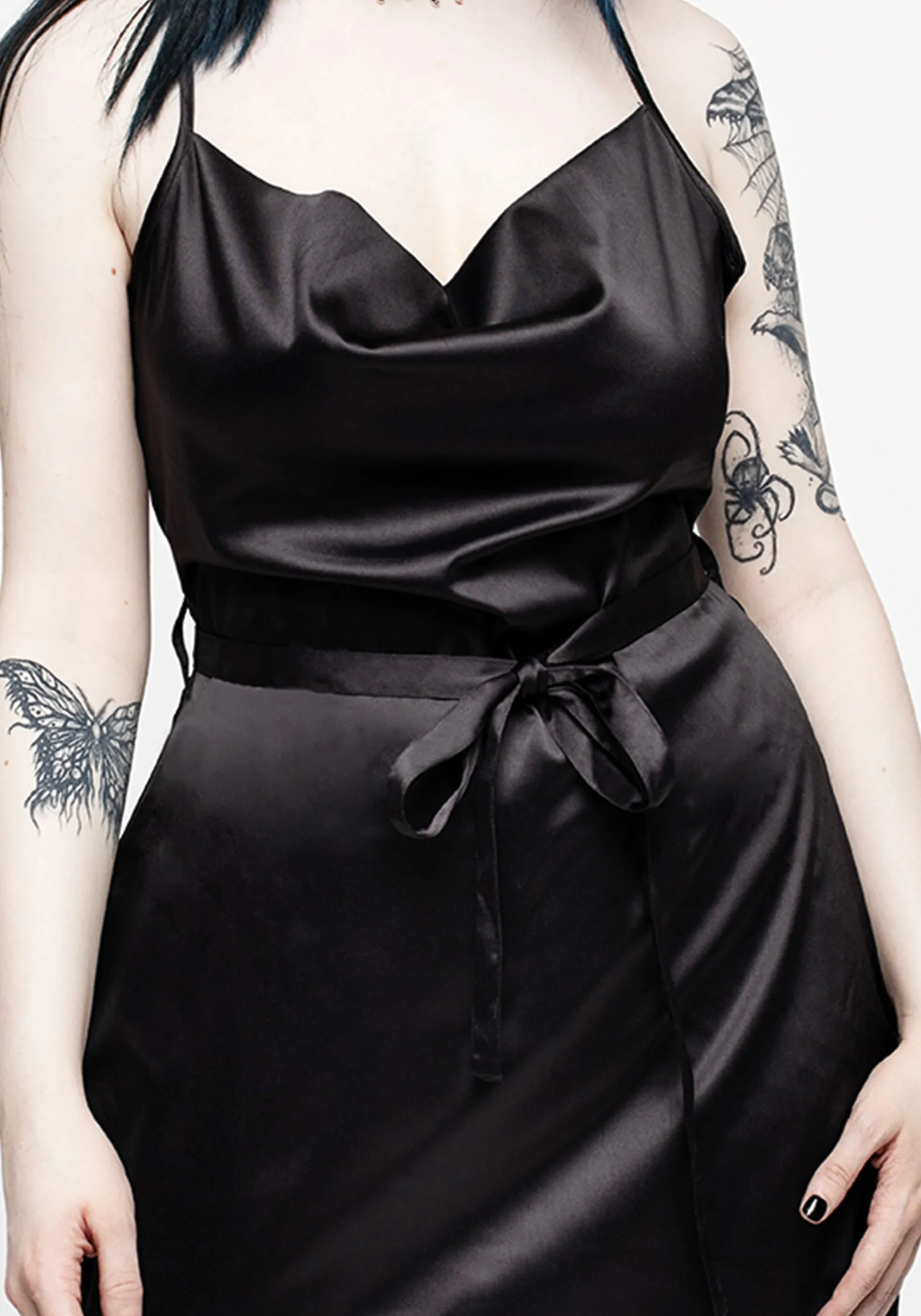 Medeina Cowl Neck Belted Satin Mini Dress - Midnight Black Polished Edge Calm Style