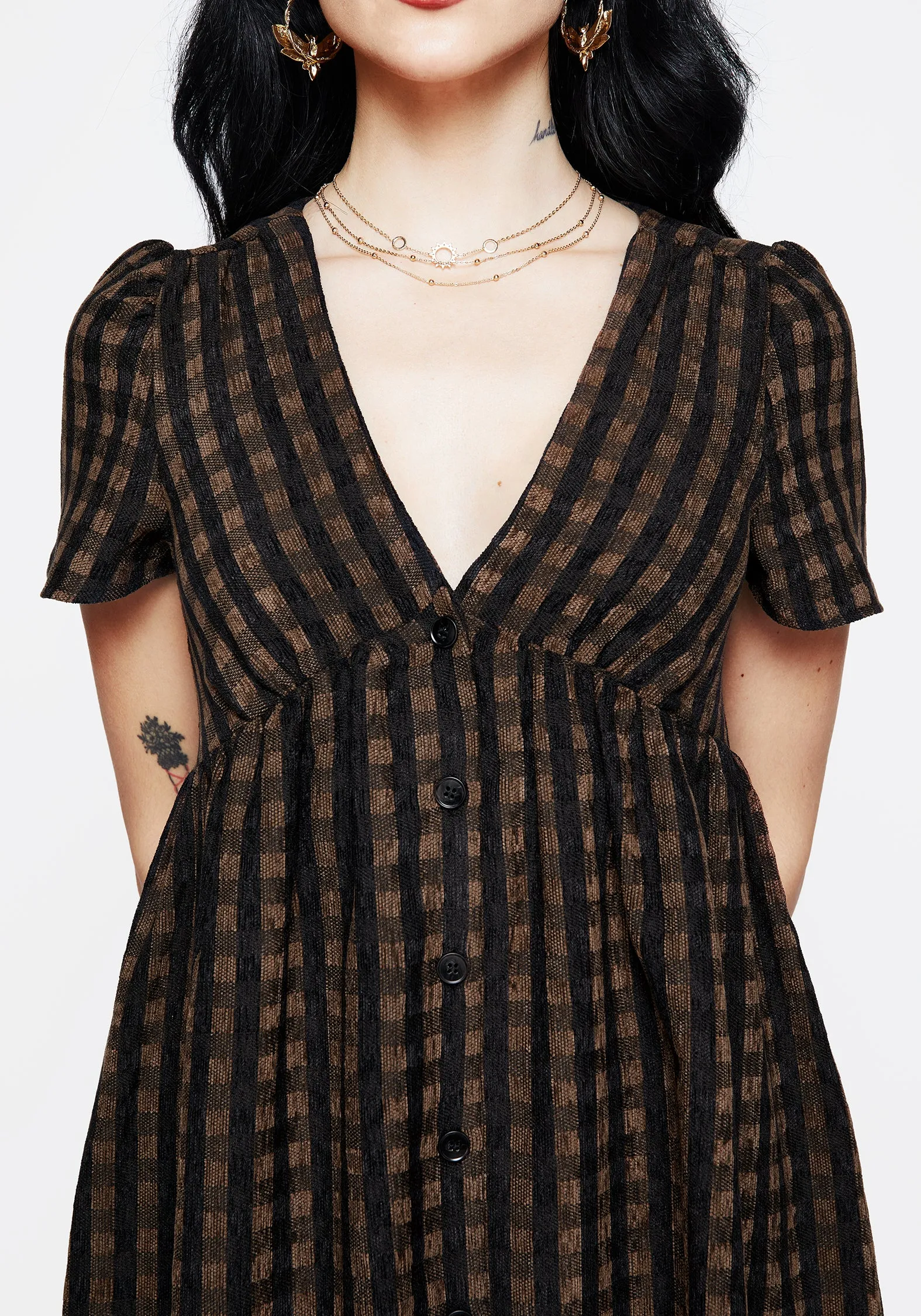 Rydal Check Button Up Midi Dress - Brown Dew Glow