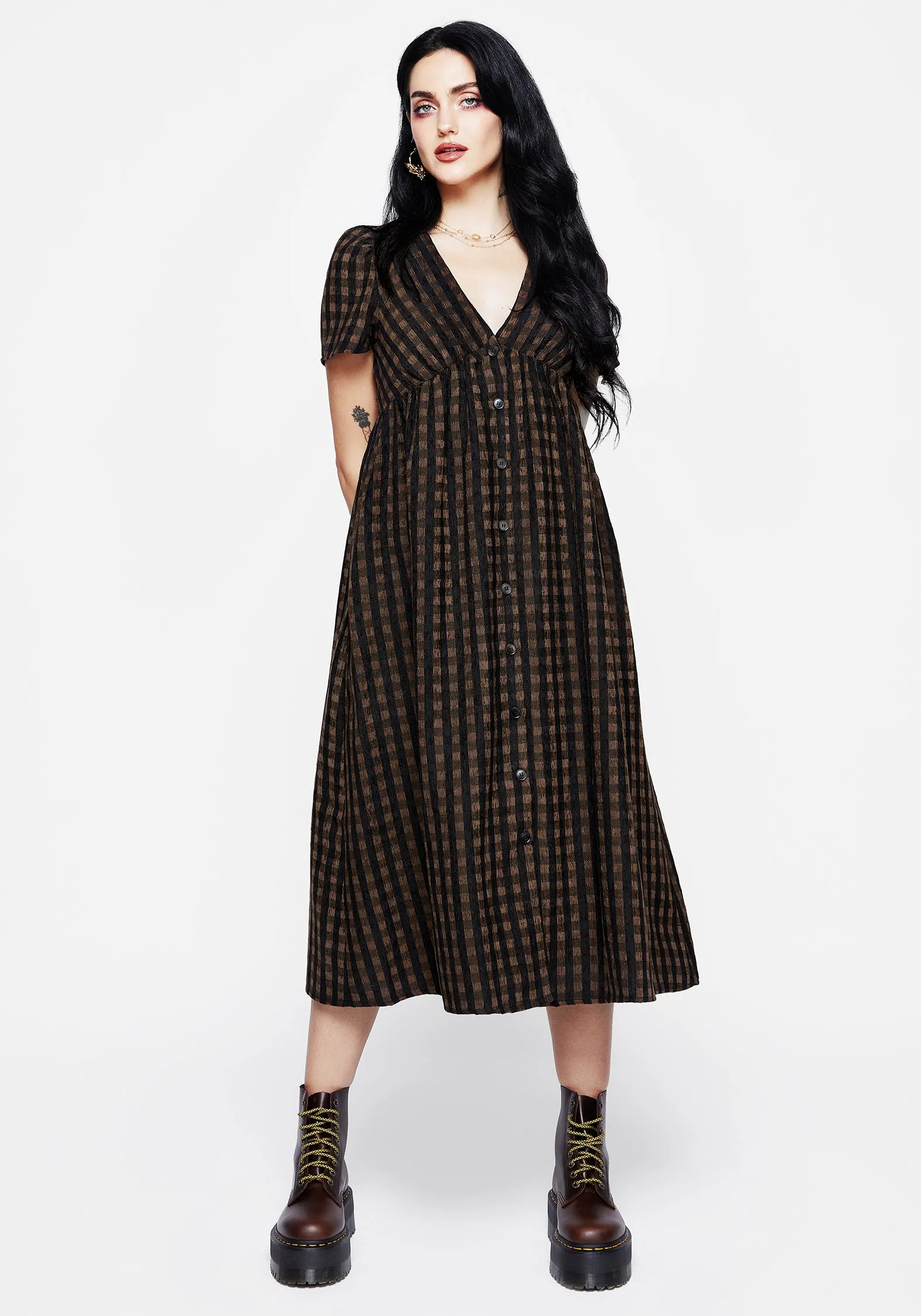 Effortless Style Rydal Check Button Up Midi Dress - Brown